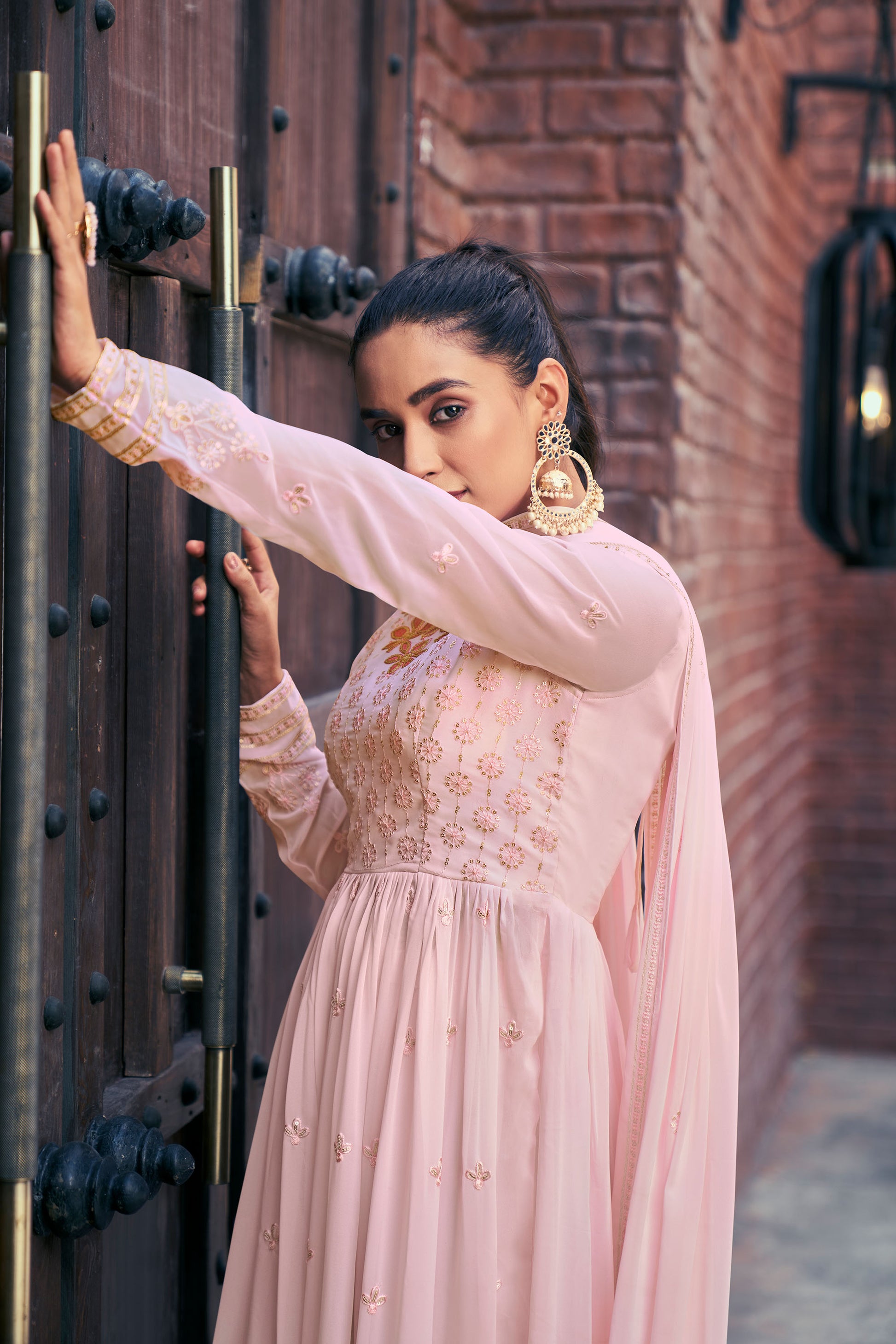 Baby Pink Mirror Embroidery Georgette Kurta Set for Sangeet