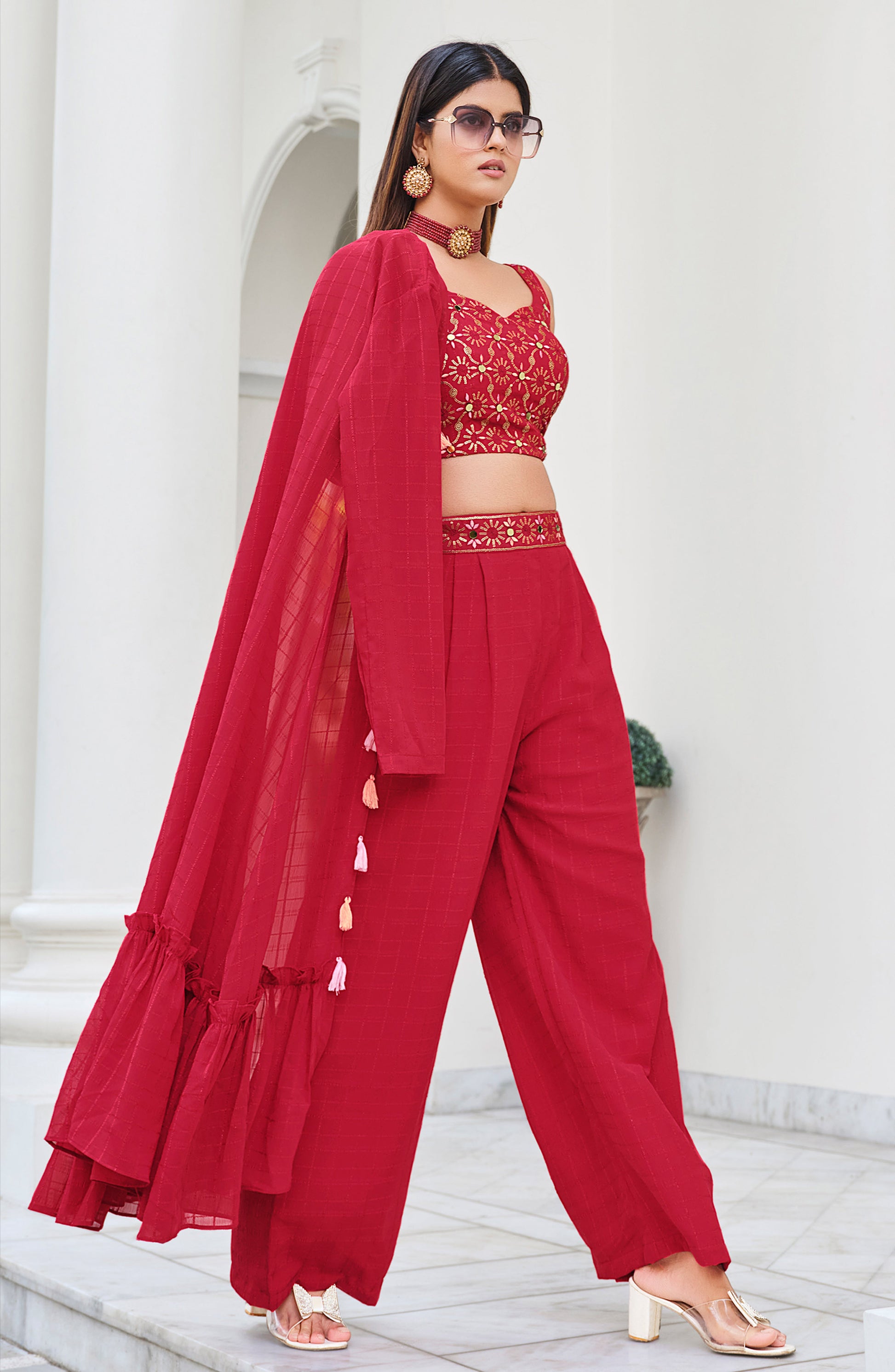 Red Color Mirror Embroidery Georgette Palazzo