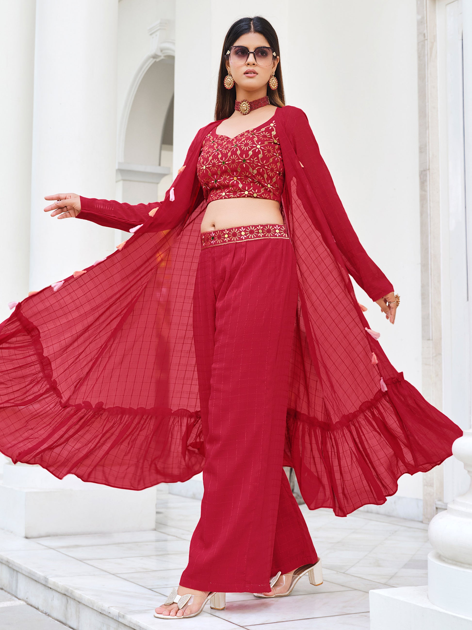 Red Color Mirror Embroidery Georgette Palazzo