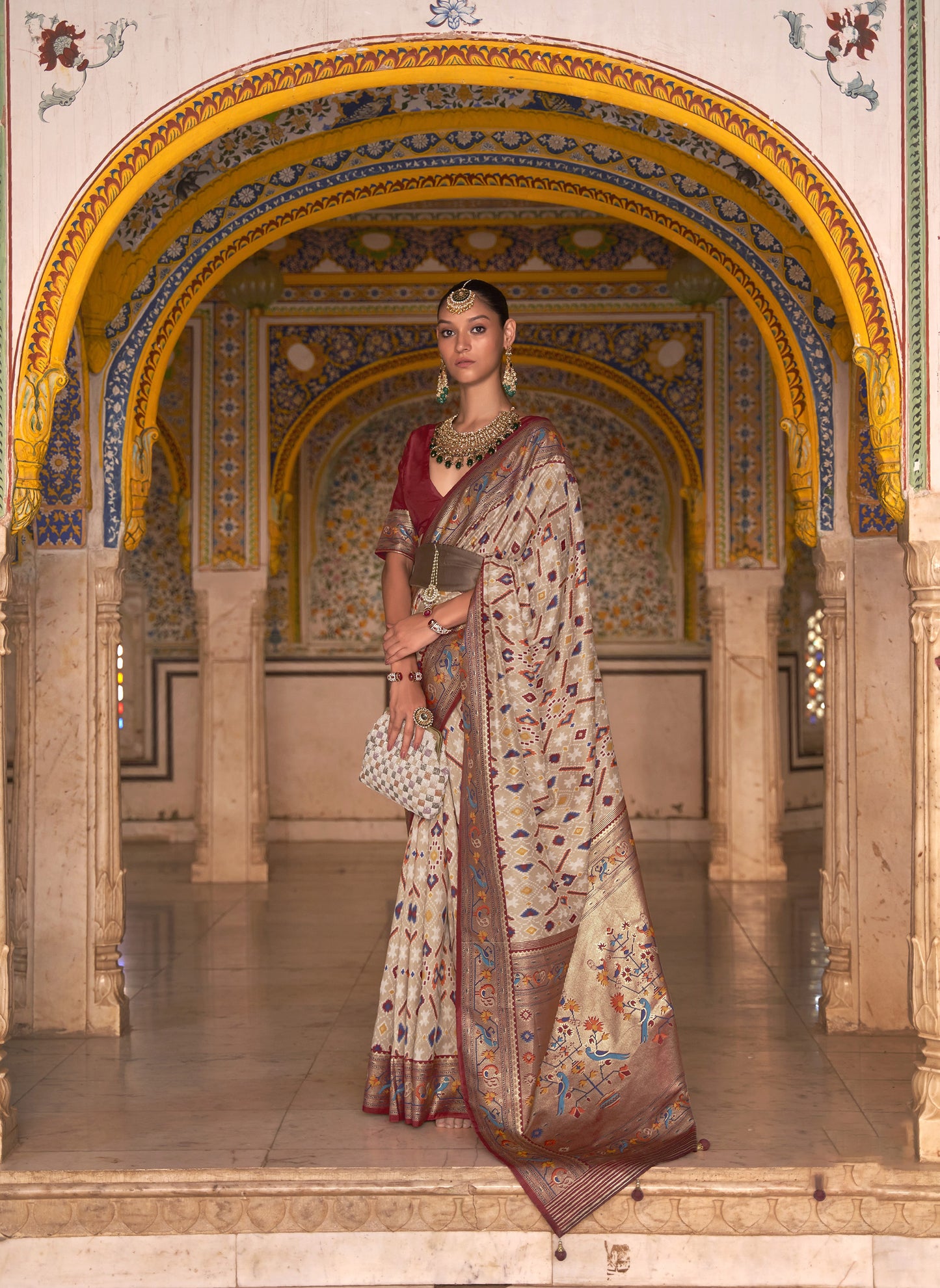 Beige and Maroon Color Patola Paithani Silk Saree for Mehendi