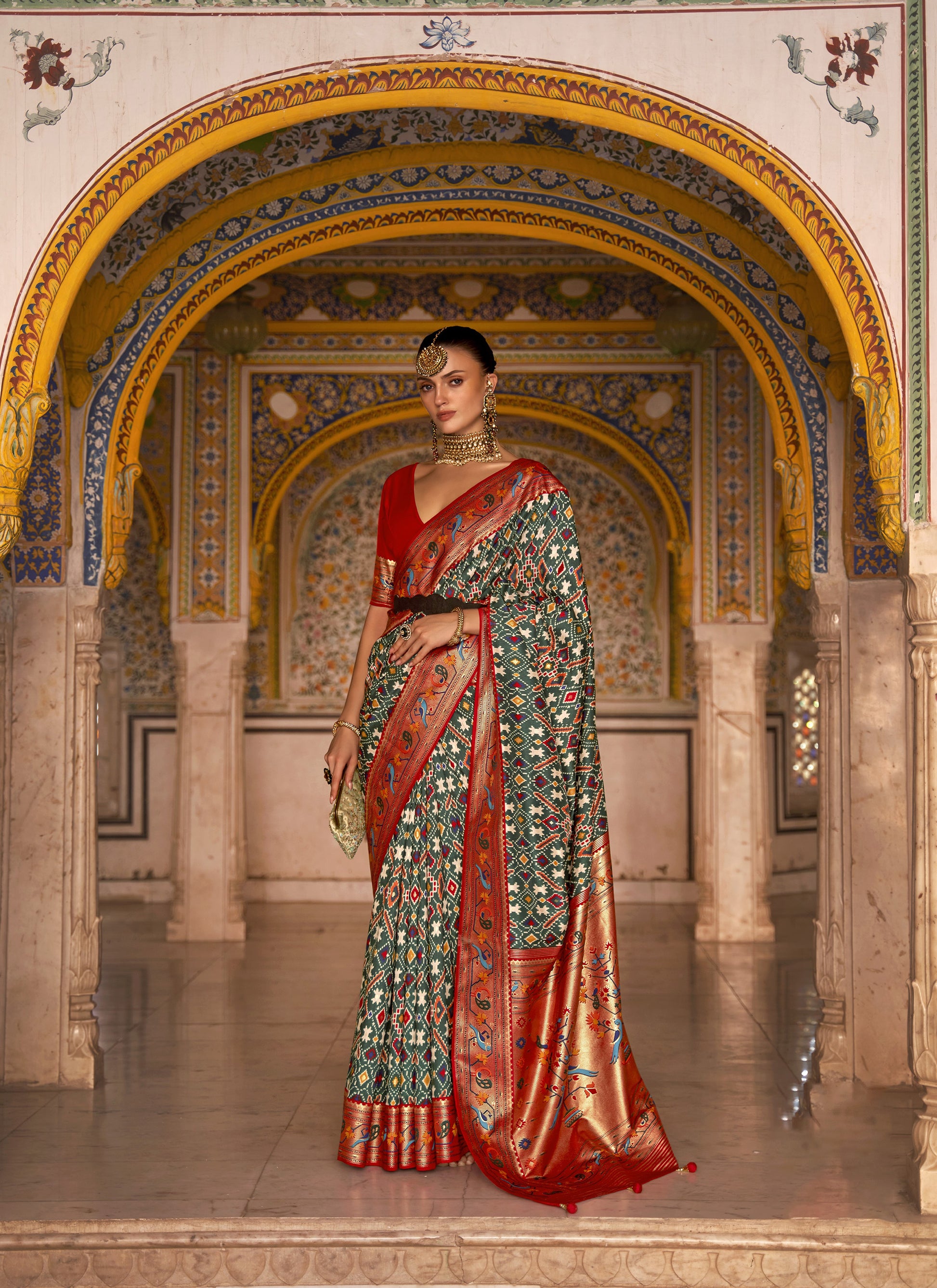 Green and Orange Color Patola Paithani Silk Saree