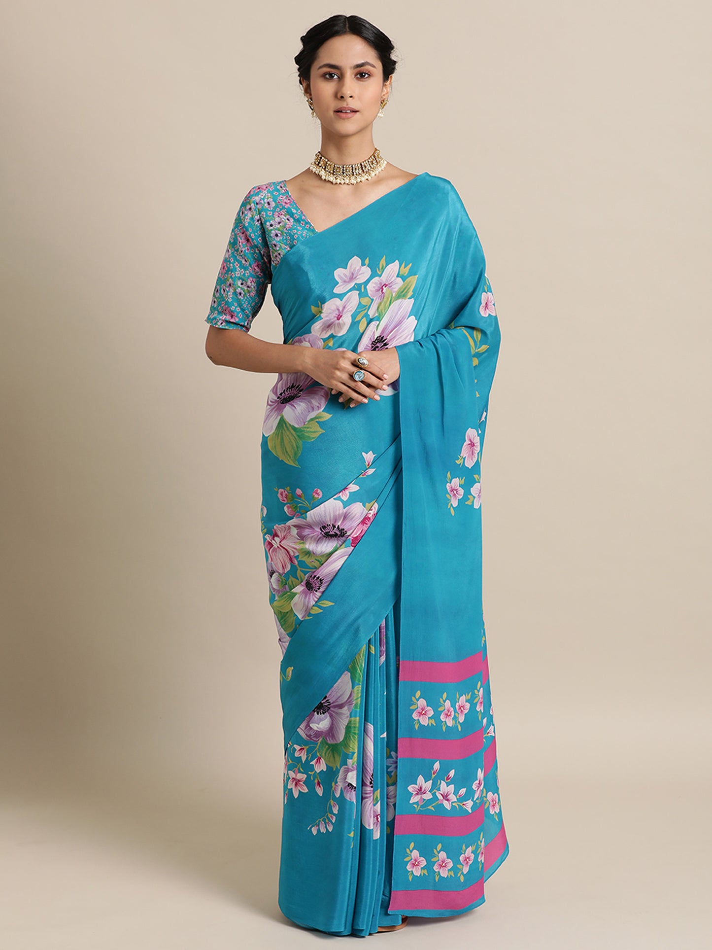 Flowered Fiesta in Natural Crepe Teal Blue Saree