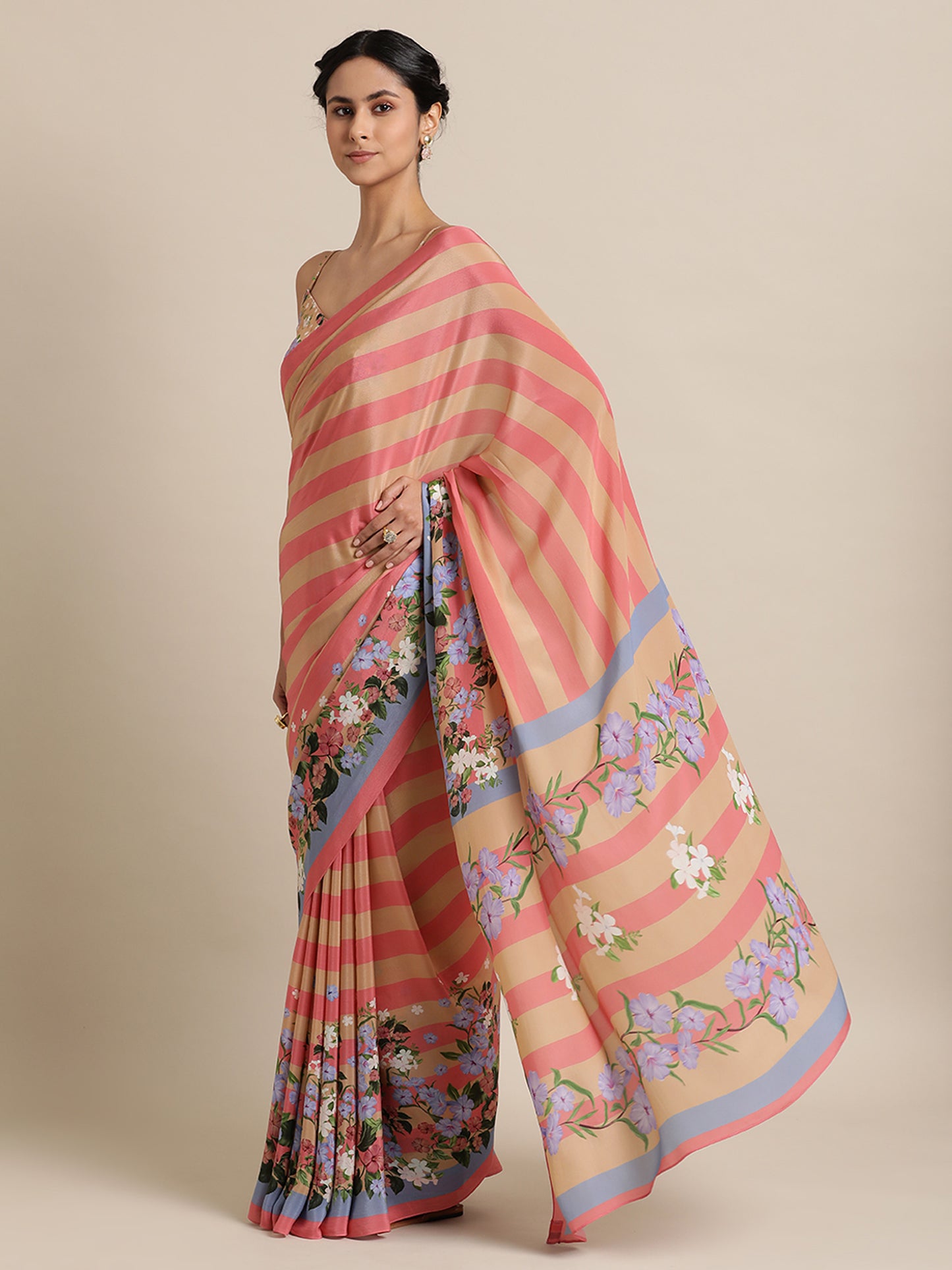 Striped Blooms in Natural Crepe Pink Saree