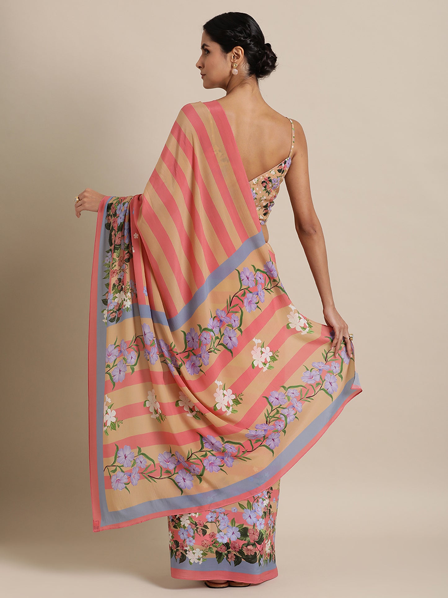 Striped Blooms in Natural Crepe Pink Saree