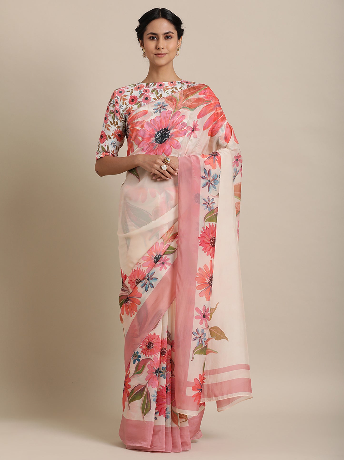 Ivory and Pink Floral printed saree in Cupro Organza Beige Saree