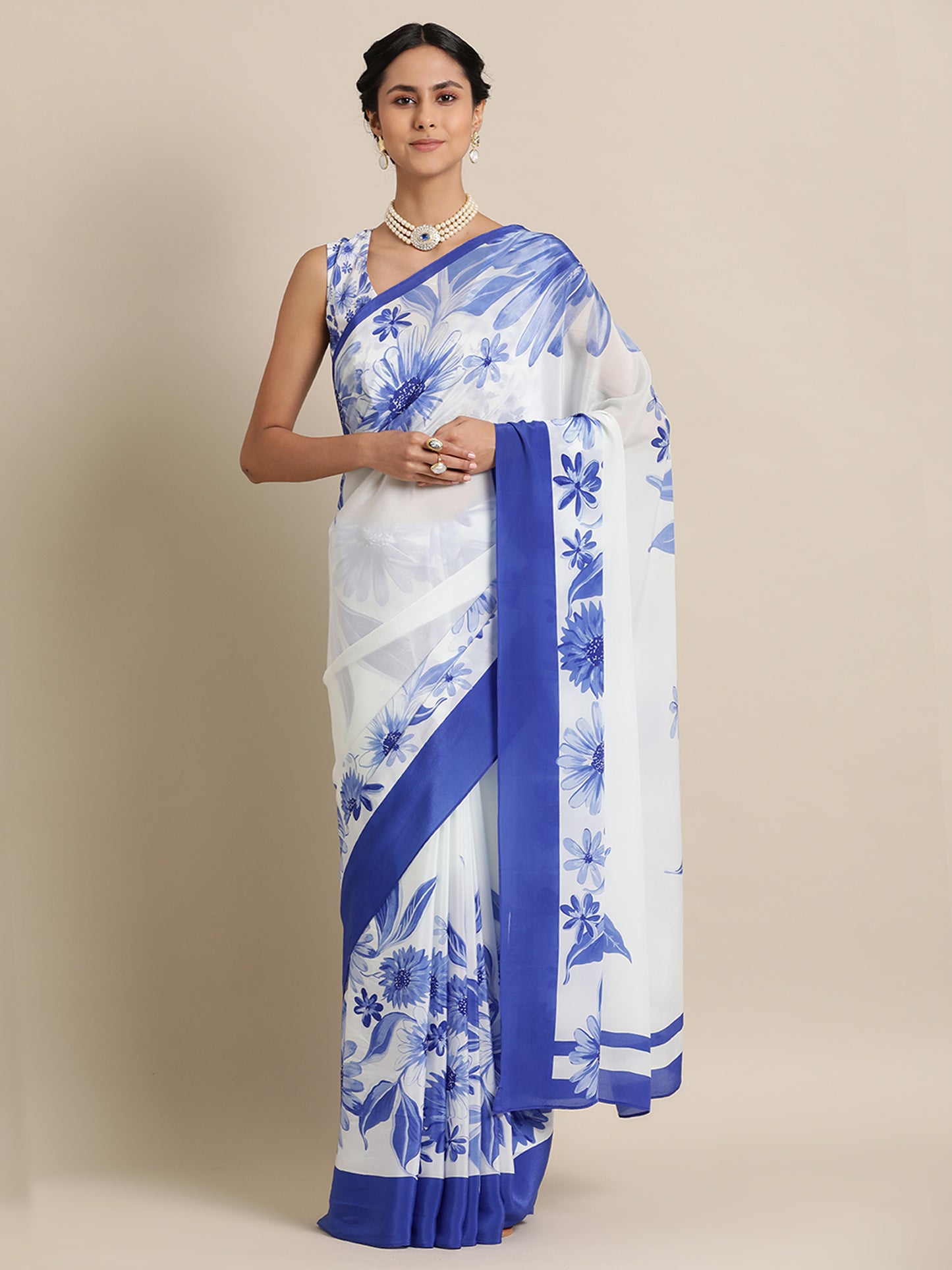 Majestic Blooms in Natural Crepe White Saree