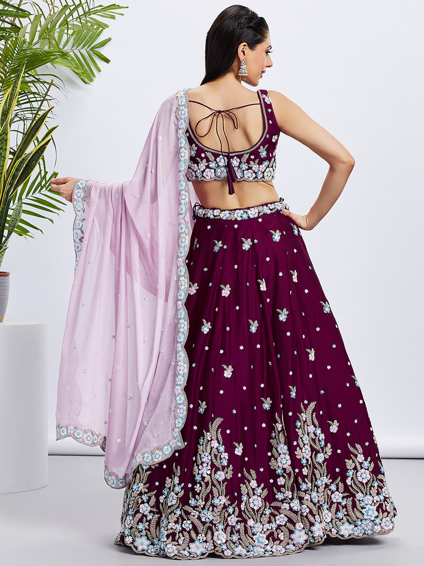 Burgundy Pure Grorgette Sequins and thread embroidery Lehenga choli