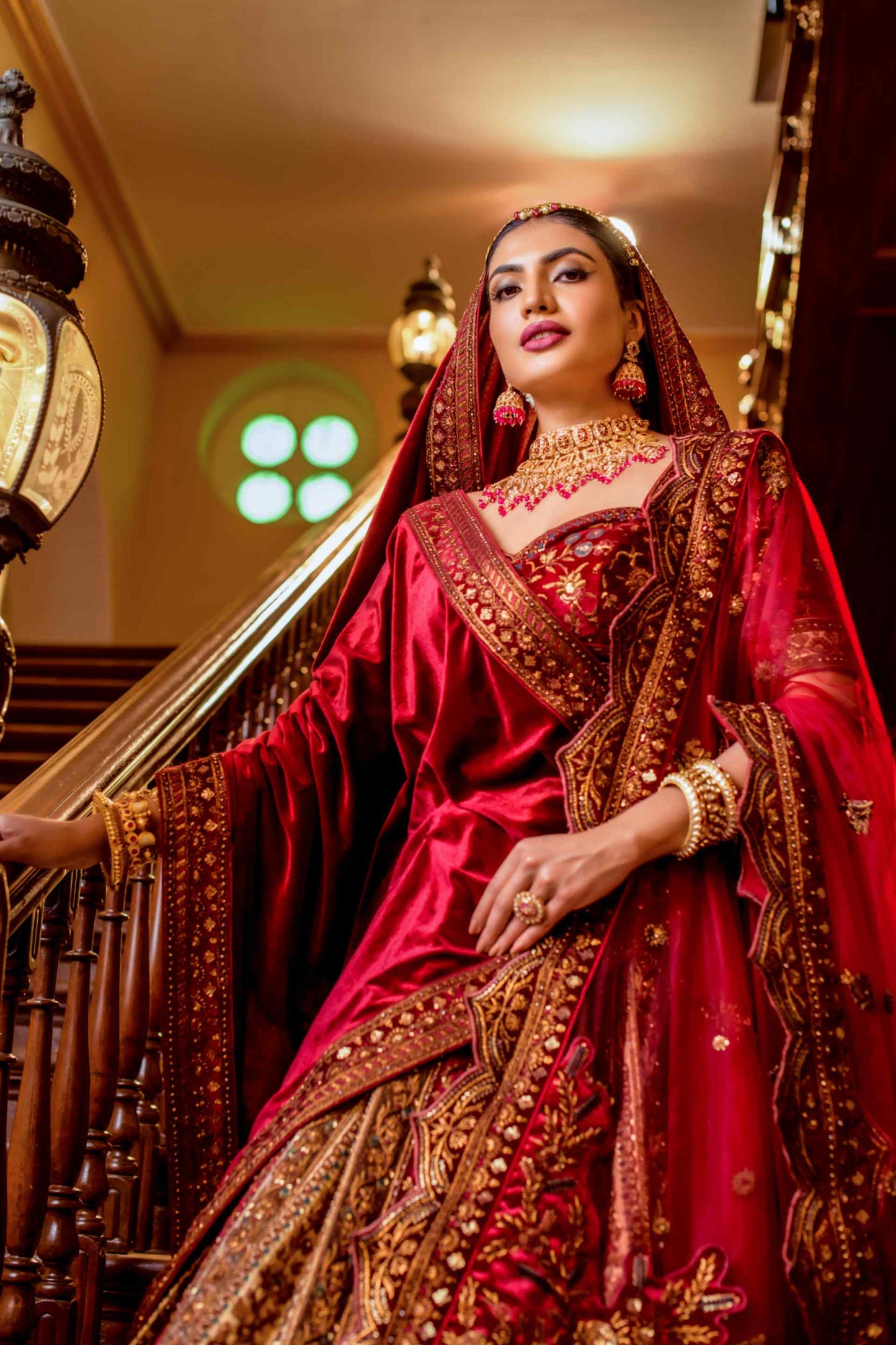 Red Velvet Sequins Embroidered Indian Bridal lehenga