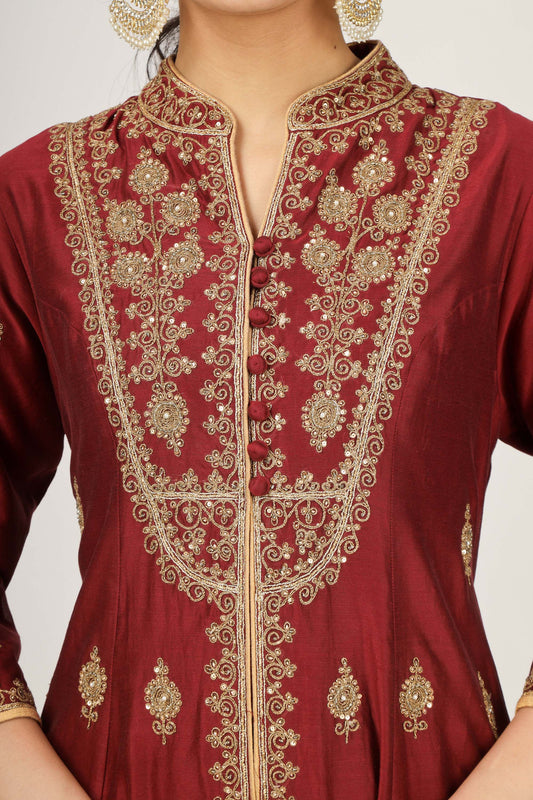 Mughal Maroon Chanderi Machine Embroidered Formal Anarkali