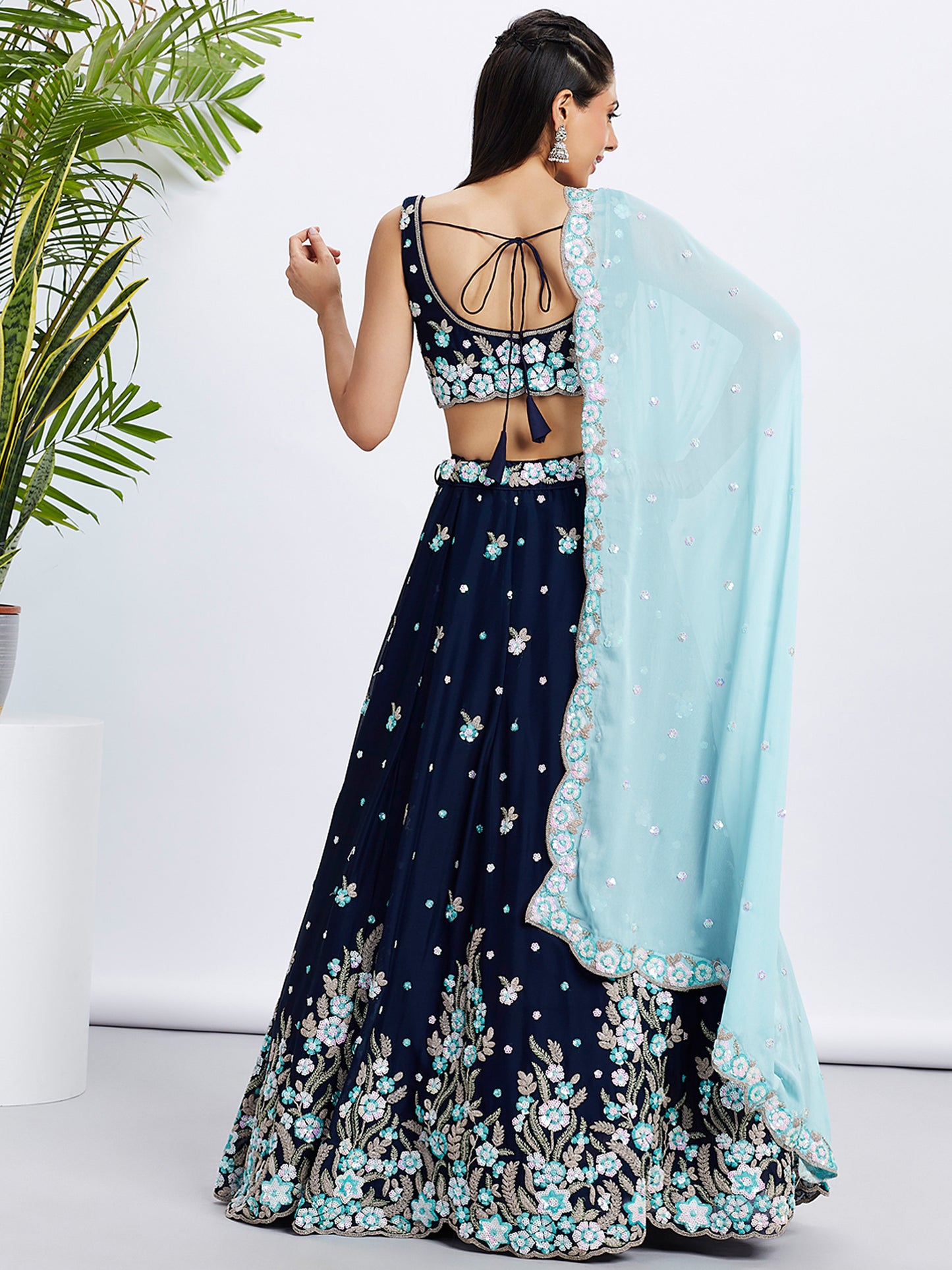 Navy blue Pure Grorgette Sequins and thread embroidery Lehenga choli