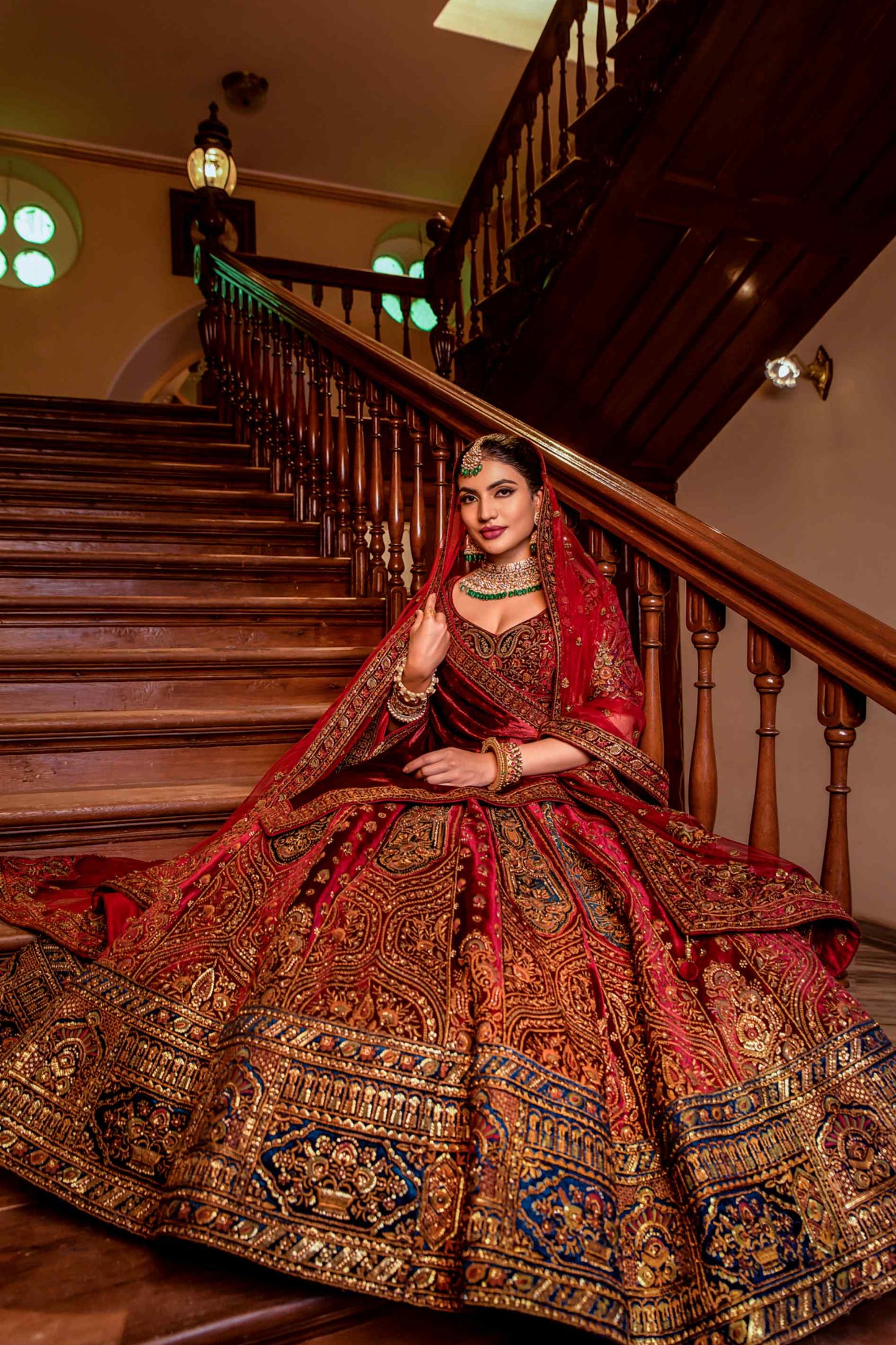 Red Velvet Sequins Embroidered Indian Bridal lehenga