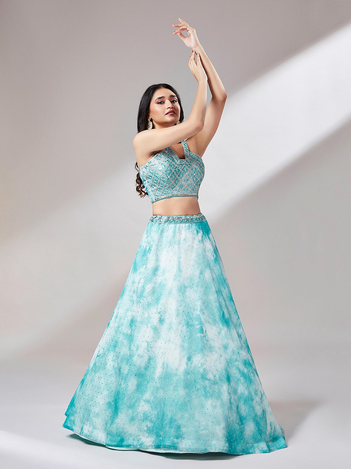 Turquoise Blue Organza Floral Printed Lehenga