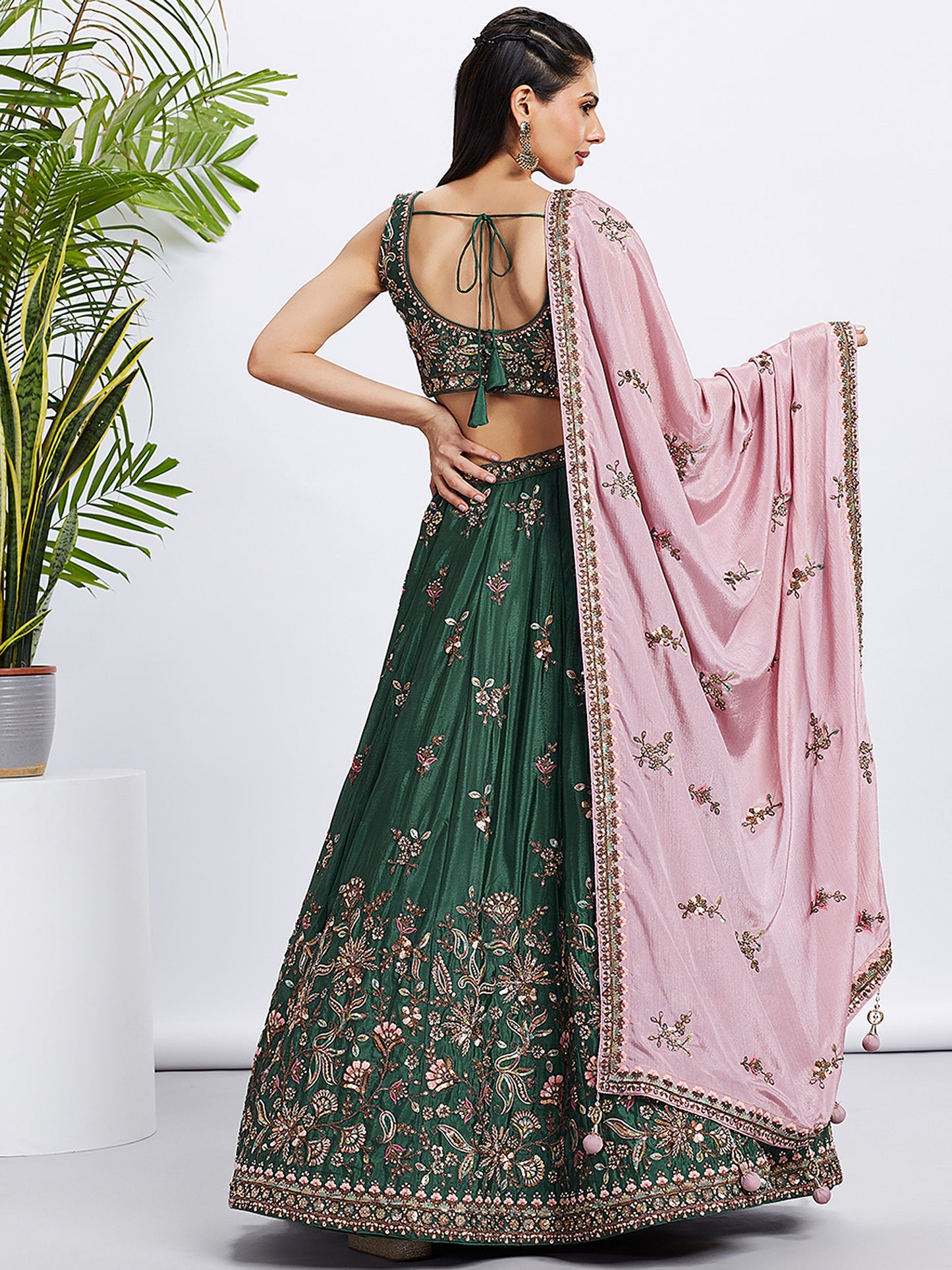 Green Pure Chiffon Sequins and thread embroidery Lehenga choli & Dupatta