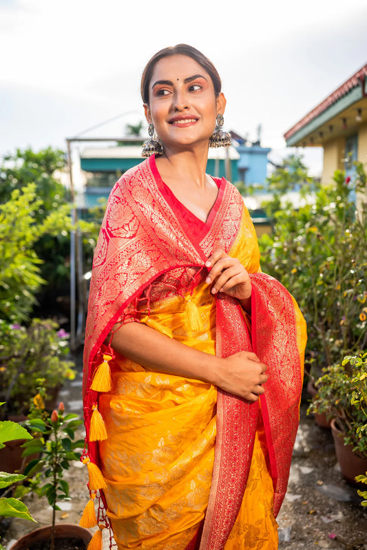 Splendind Yellow Viscose Silk Handloom saree