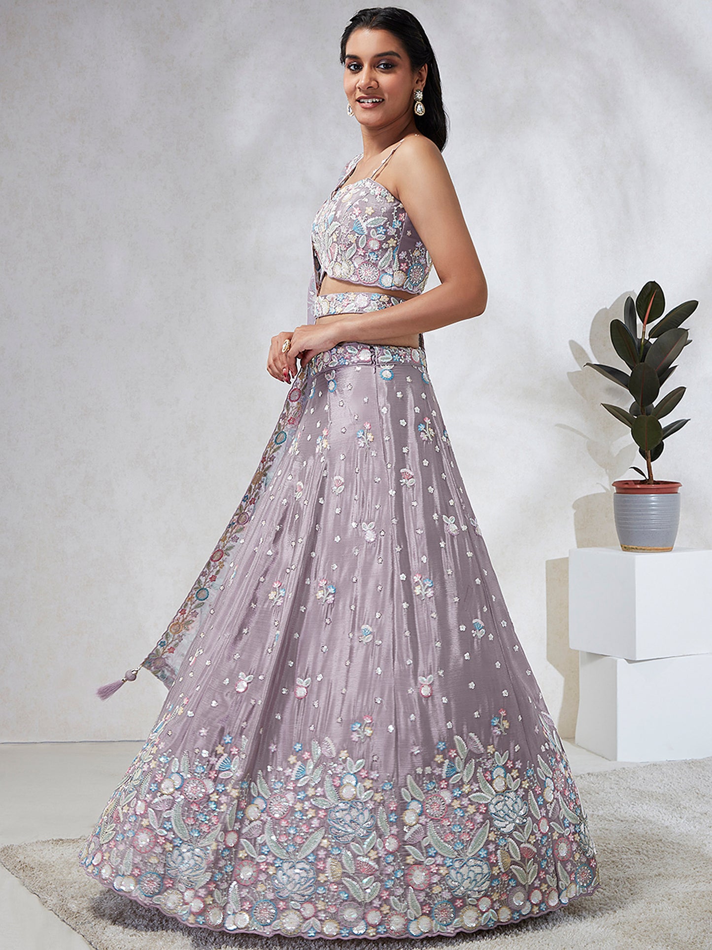 Mauve Chiffon Sequins and thread embroidery Lehenga