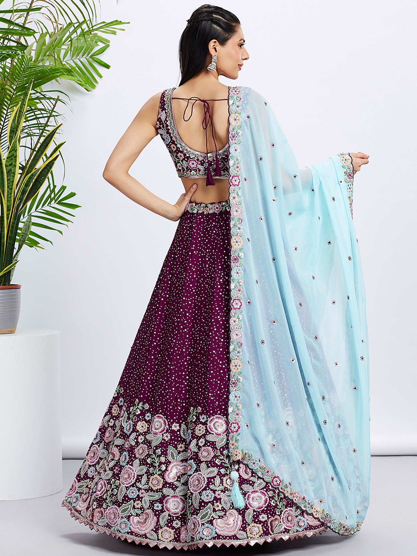 Burgundy Pure Chiffon Sequins and thread embroidery Lehenga choli