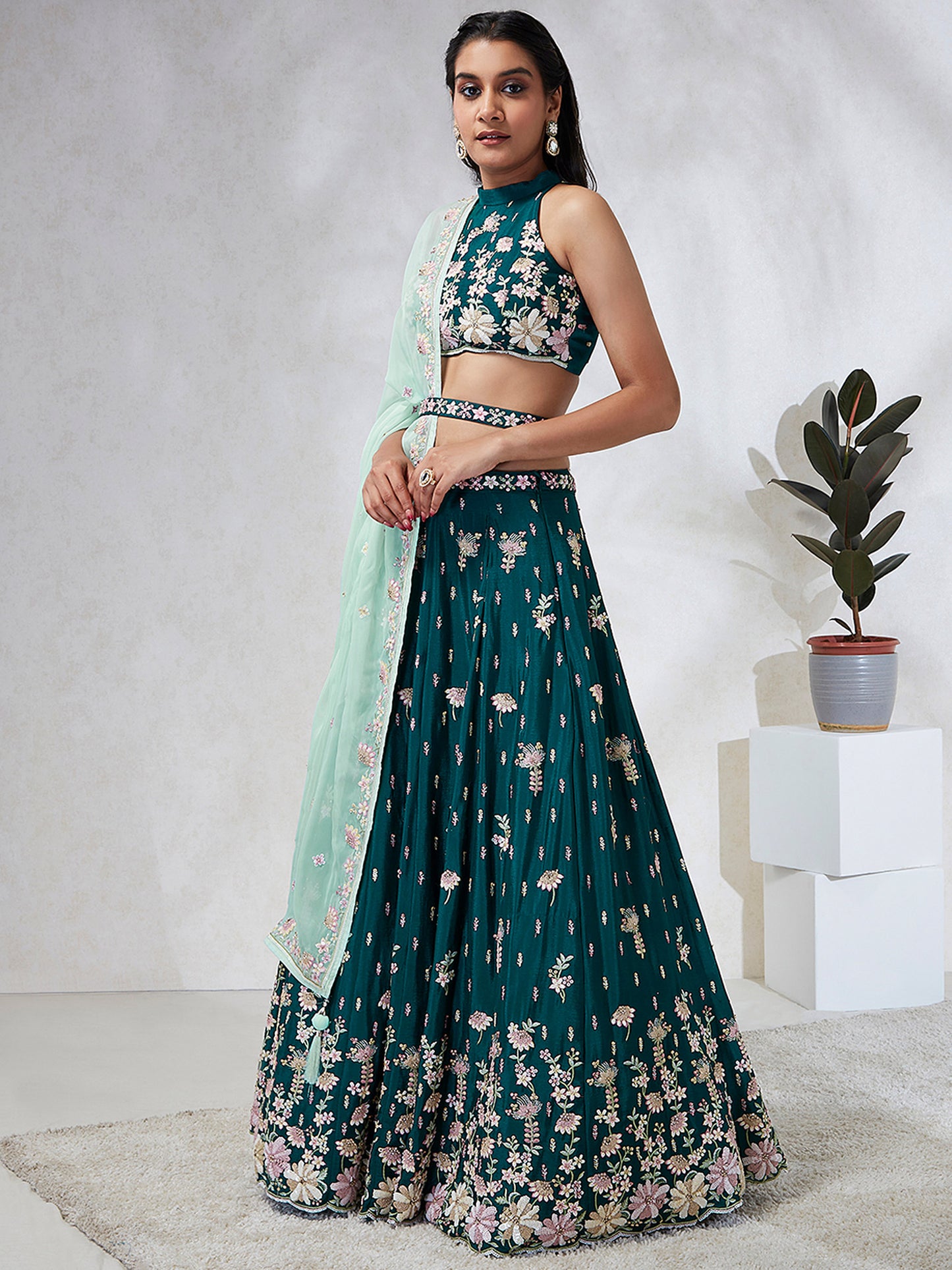 Green Georgette Sequins and thread embroidery Lehenga