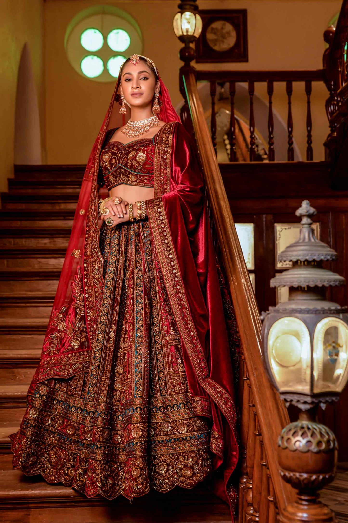 Red Velvet Sequins Embroidered Indian Bridal lehenga