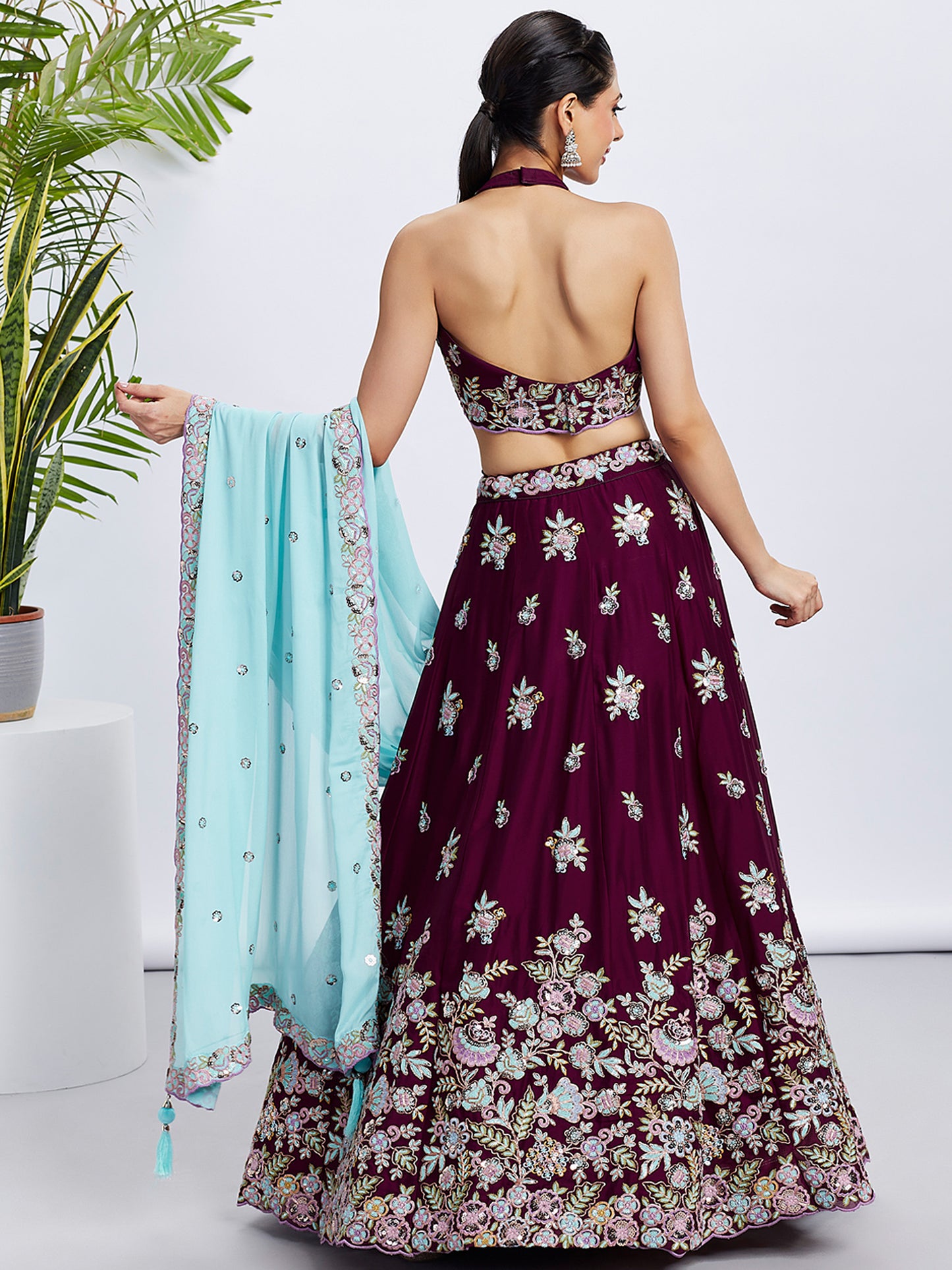 Burgundy Pure Georgette Sequins and thread embroidery Lehenga choli