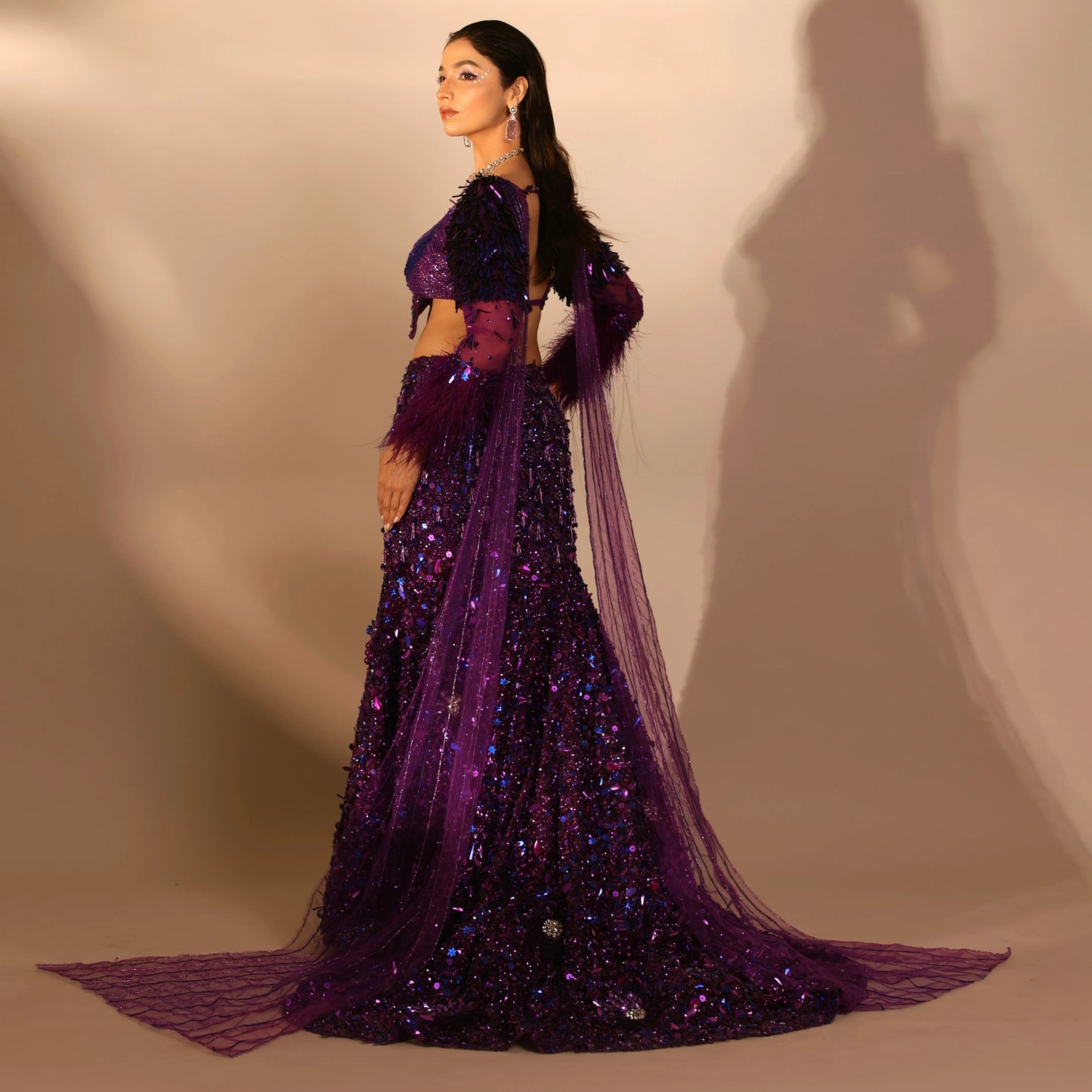 The Purple Net Moonlight Fish cut Lehenga set