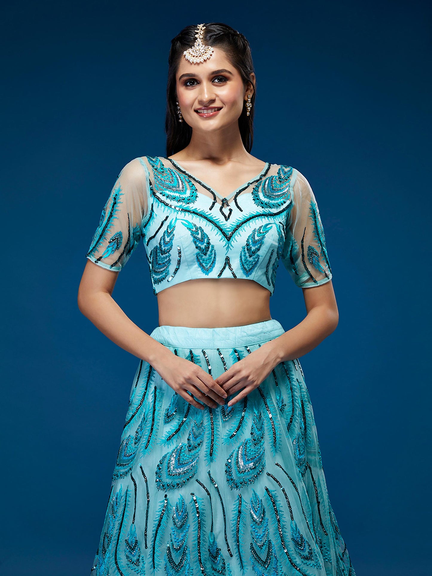 Seagreen Net Sequins Embroidered Semi-Stitched Lehenga & Blouse with Dupatta