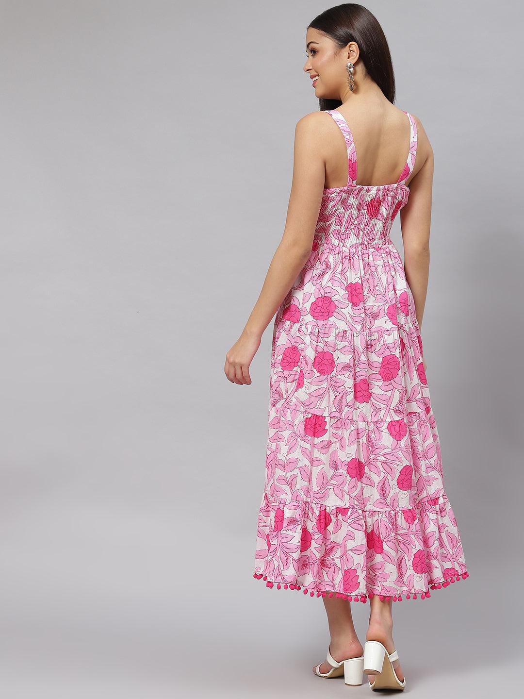 Divena white & Pink Floral Shoulder Strip Long Dress - divena world-Mohi