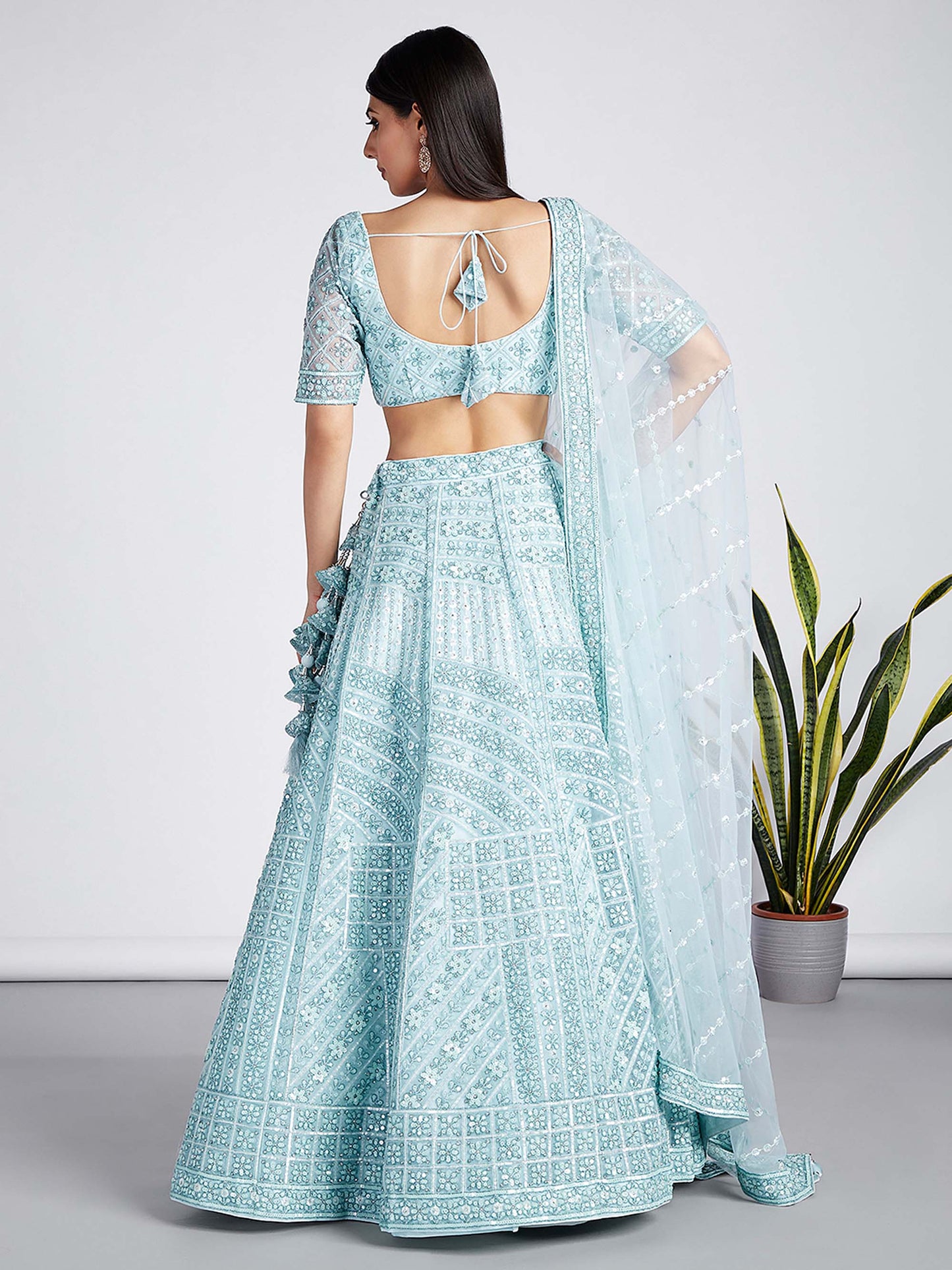 Turquoise blue Net Sequins, Zarkan and thread embroidery Lehenga