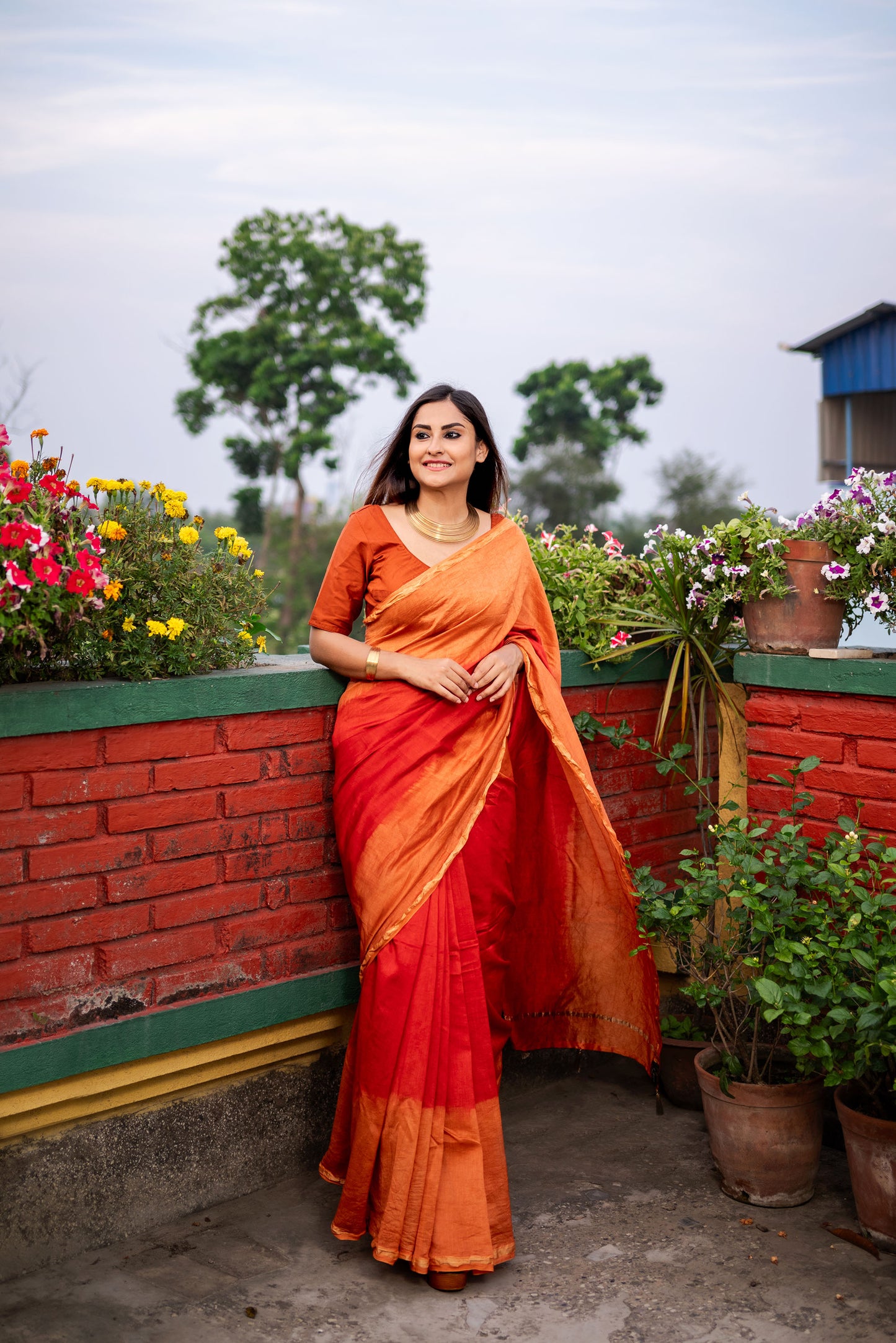 Red and Orange ombre chanderi silk saree