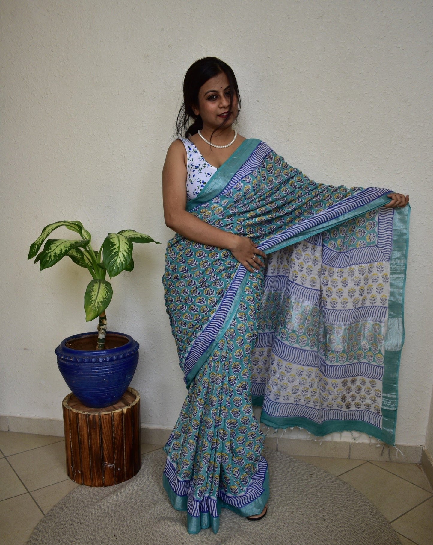 Aprajita - Blue Handblock Print Natural Dyed - Linen Cotton Saree