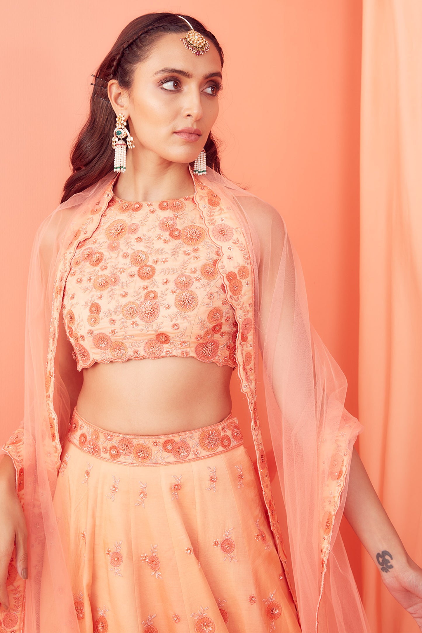 Peach Floral Applique Work Lehenga set - Aarambh