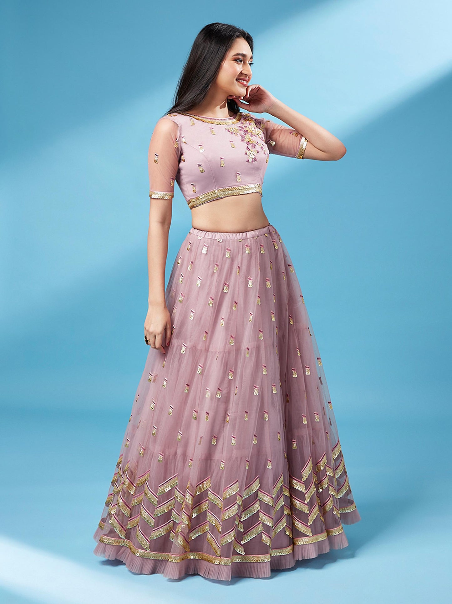 Rose Gold Net Semi Stitched Thread and Sequins work Lehenga Choli