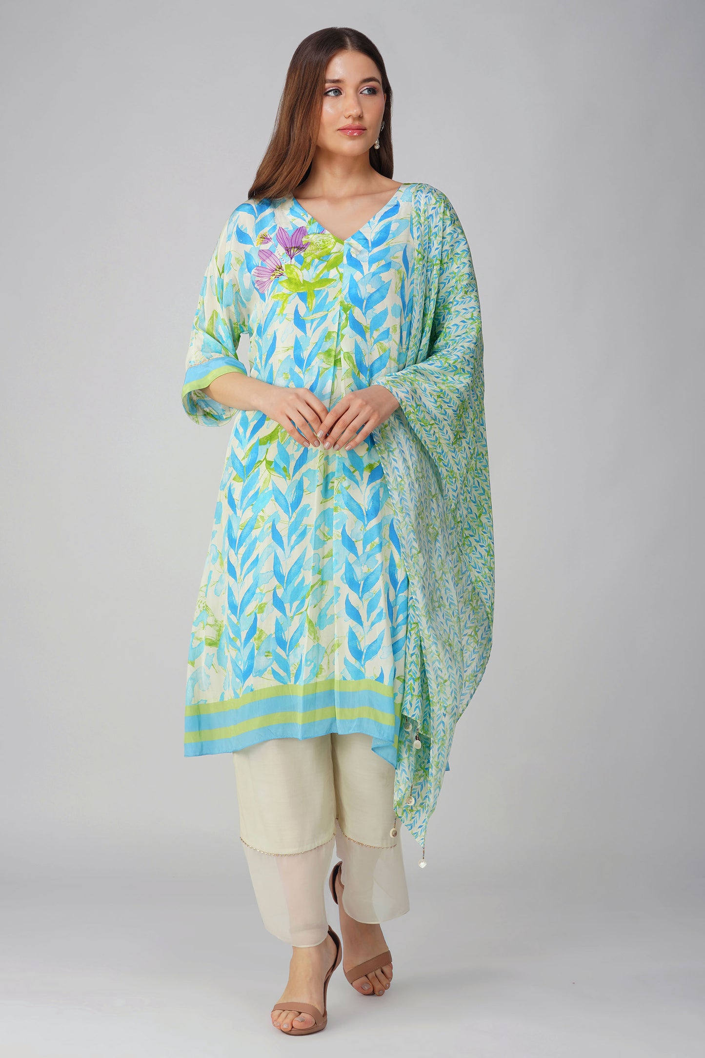 Blue Leaf Printed Spring Kurta Set