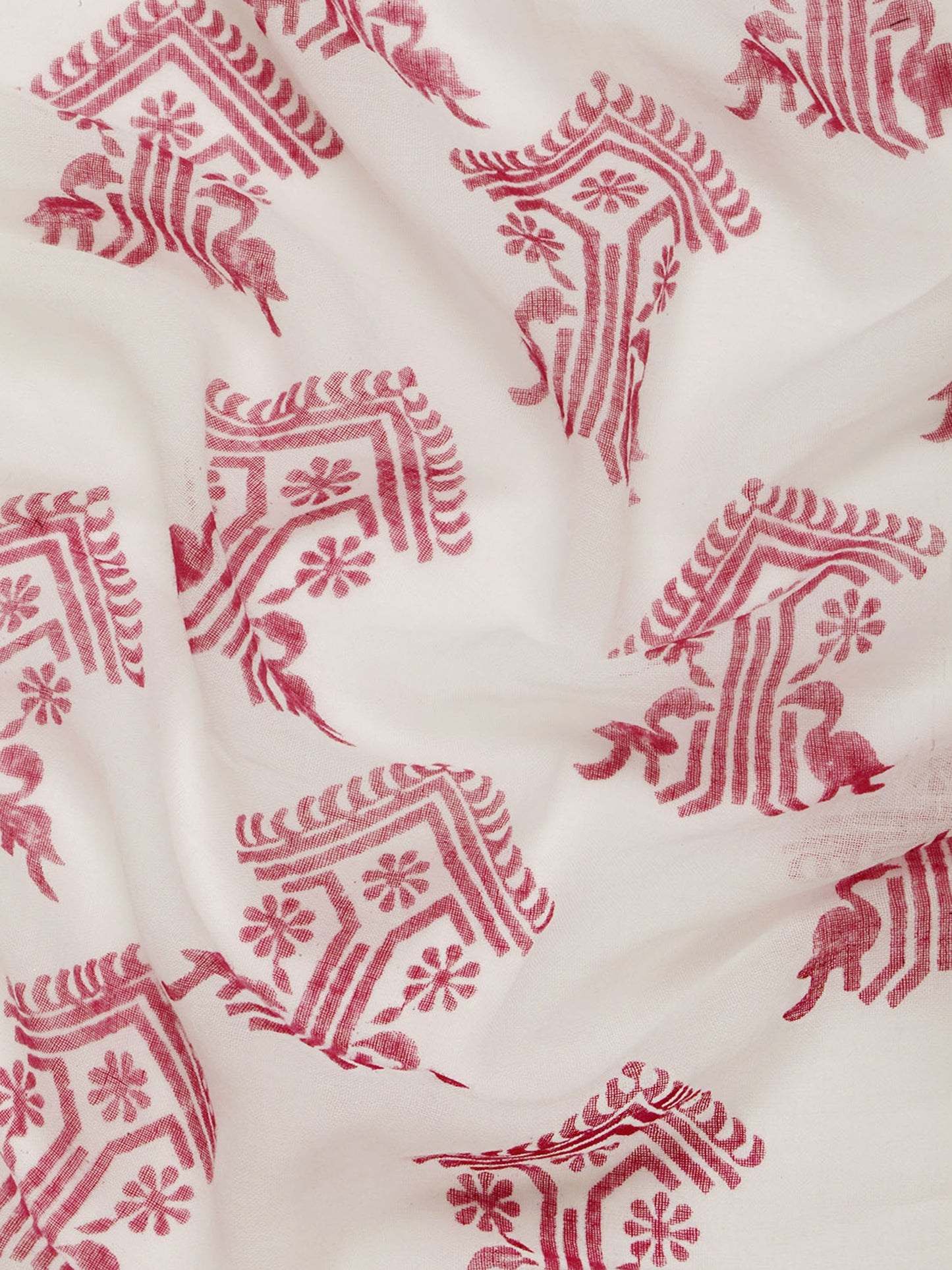 White mul cotton saree with block printed ethnic motif