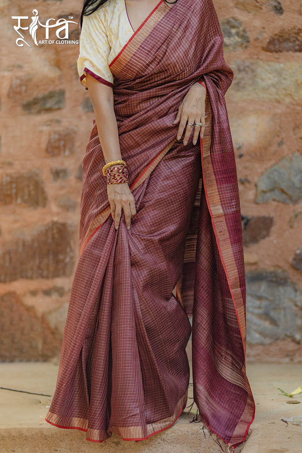 Handloom Maroon Bhagalpur Silk Saree With Gold Zari Checks