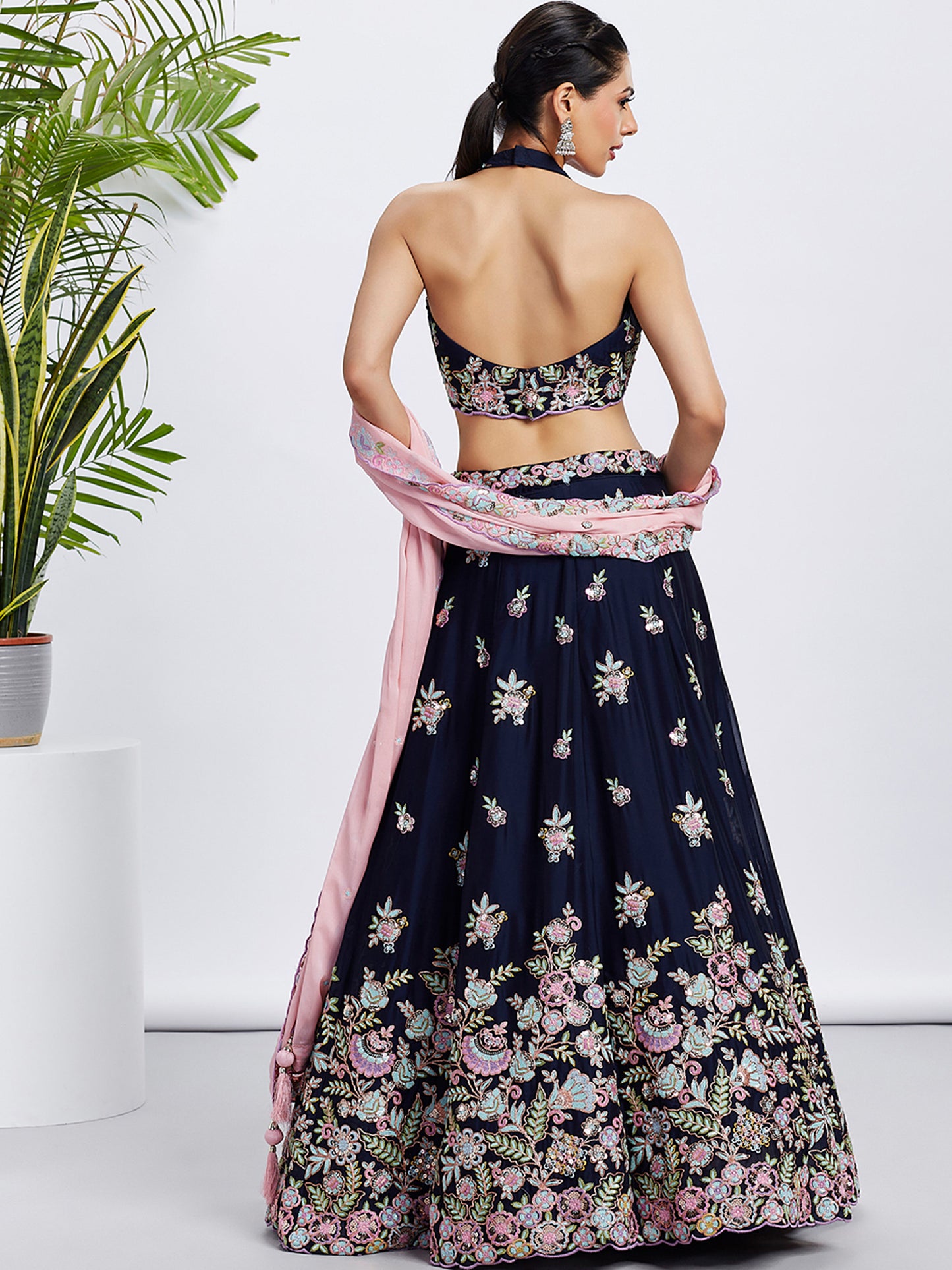 Navy blue Pure Georgette Sequins and thread embroidery Lehenga choli