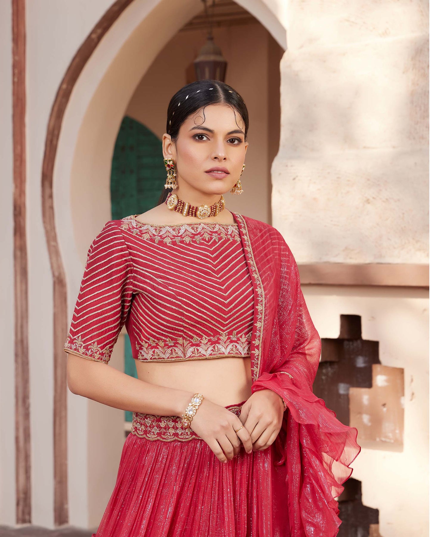 Mughal Red Raw Silk Hand Embroidered Lehenga