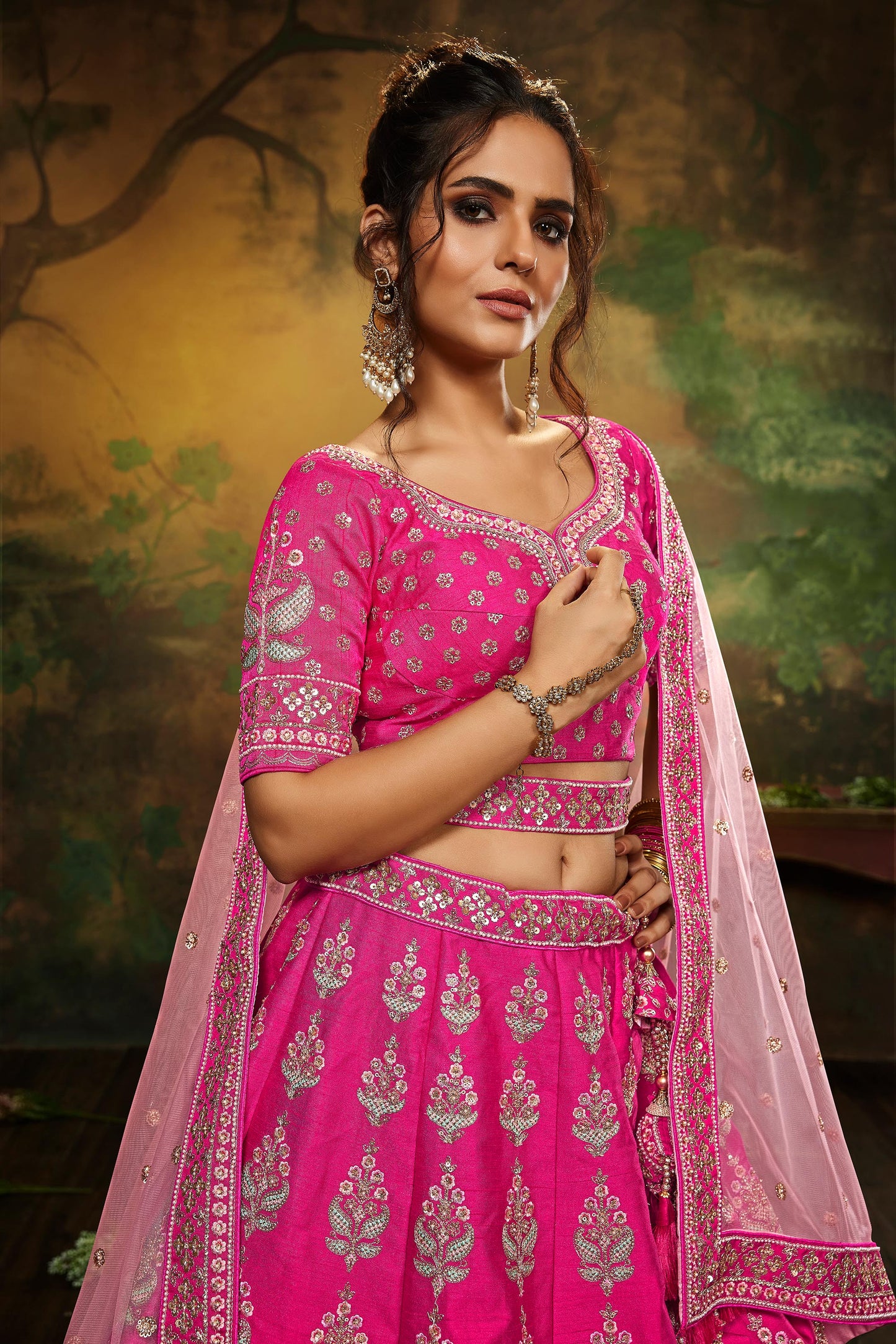 Pink Pure Silk Moti & Zarkan heavy embroidery Semi-Stitched Lehenga choli & Dupatta
