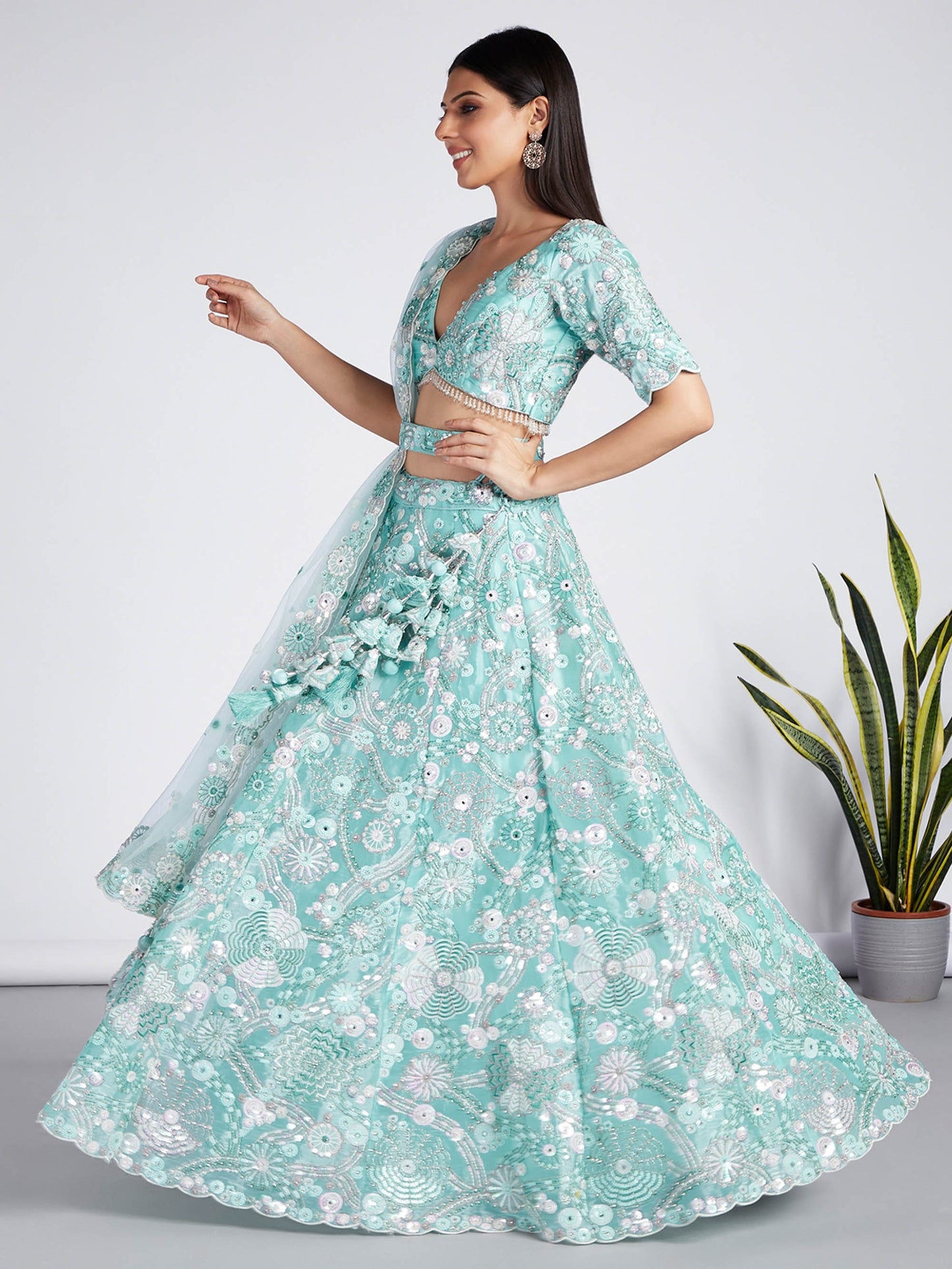Turquoise blue Organza Sequins, Zarkan and thread embroidery Lehenga