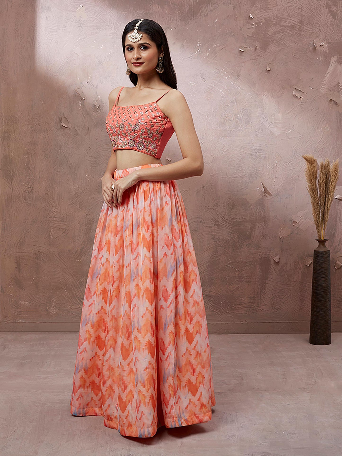 Peach Organza Floral Printed Lehenga choli & Dupatta