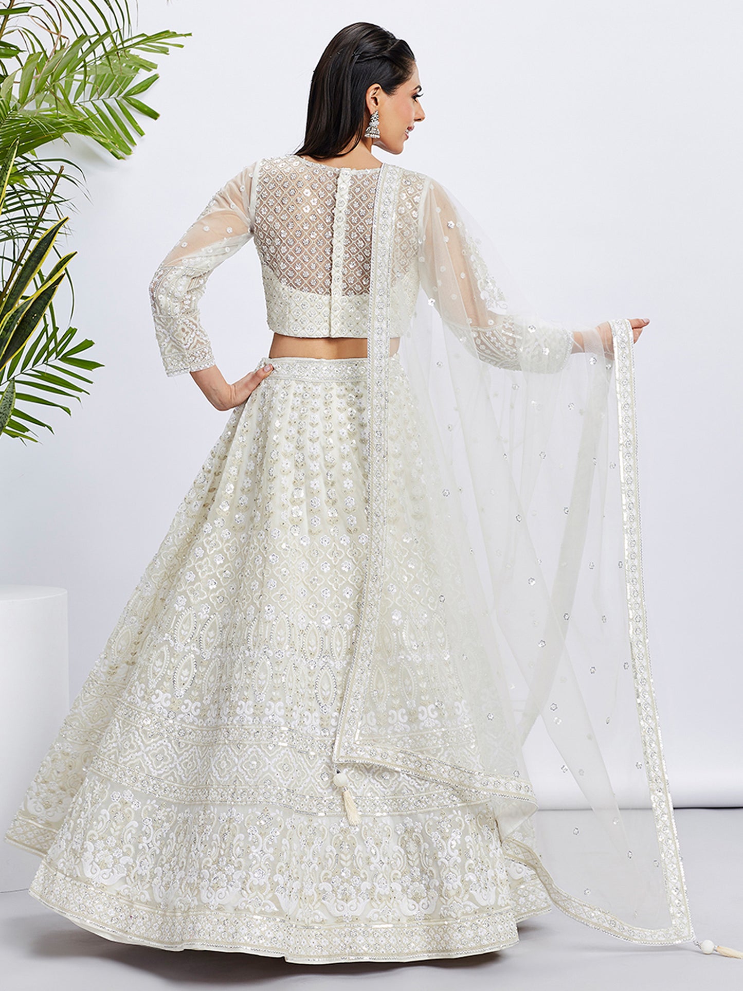 Cream Net Sequins and thread embroidery Lehenga choli