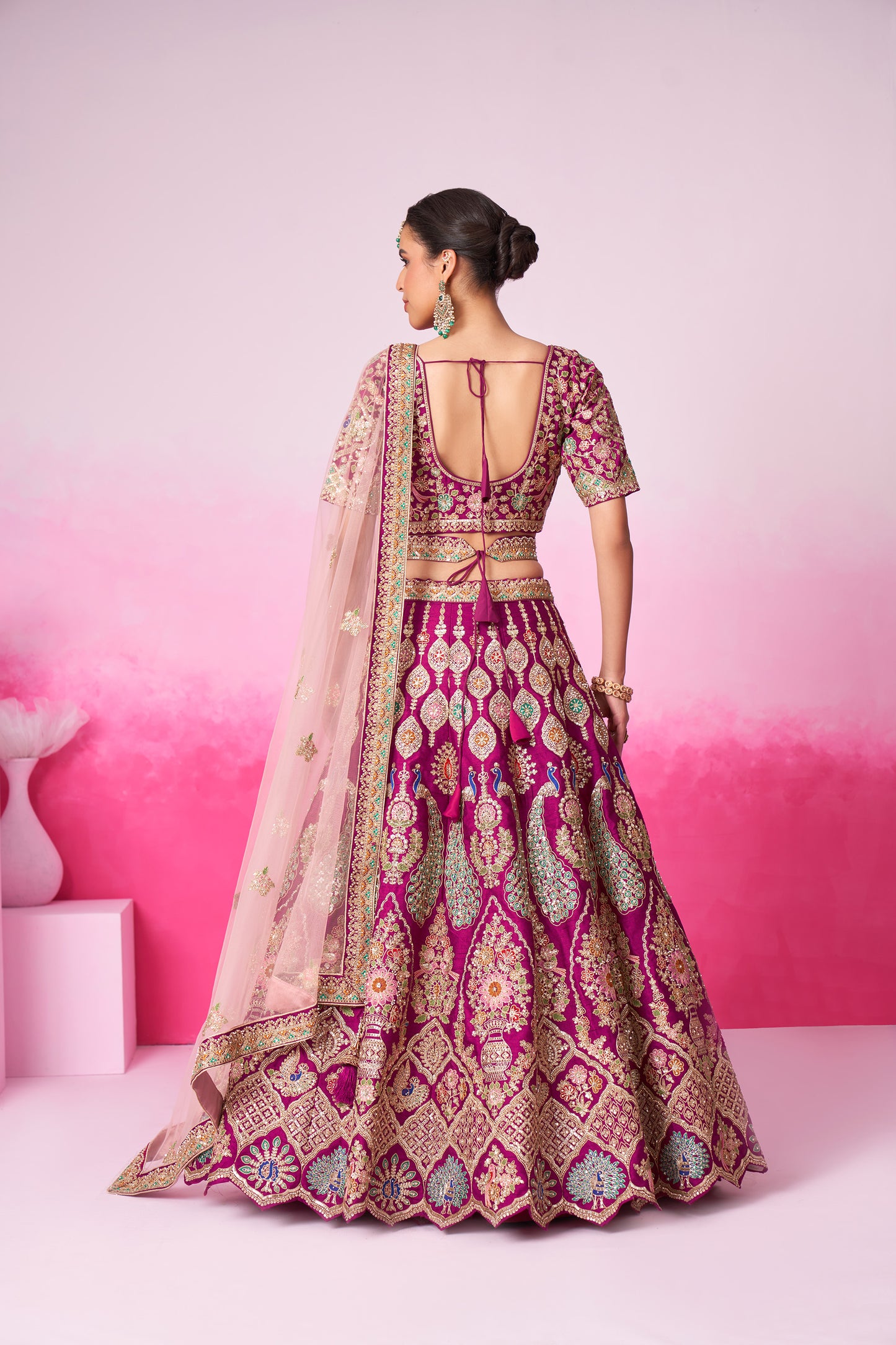 Burgundy Pure silk Moti, Sequins embroidery Bridal Lehenga choli