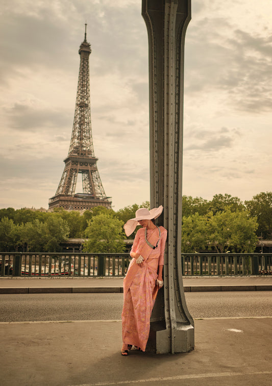 Peach Kalila Silk Kashmiri Organza handloom saree