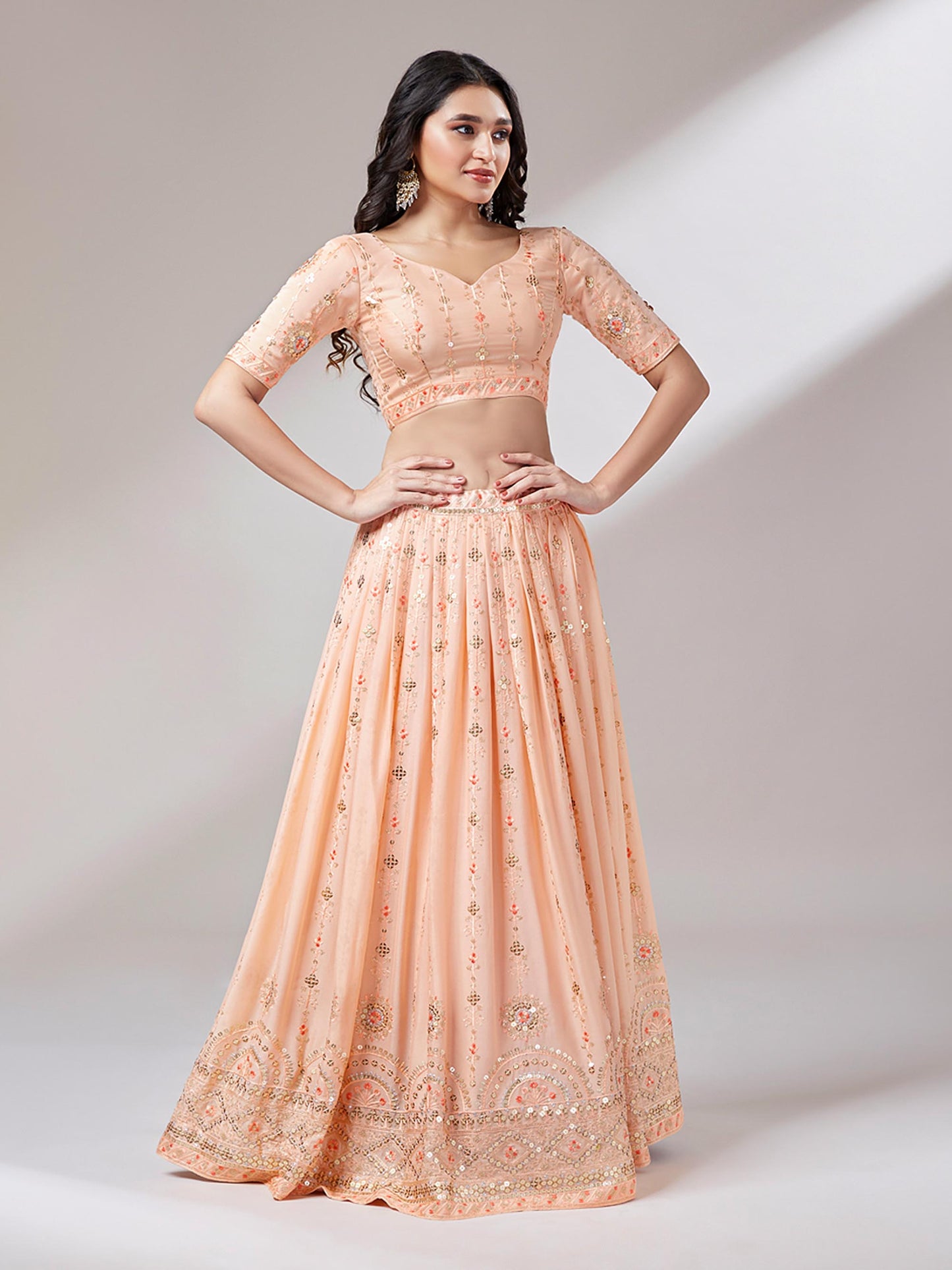 Women Peach Pure Georgette Embroidered Semi-Stitched Lehenga & Unstitched Blouse Dupatta