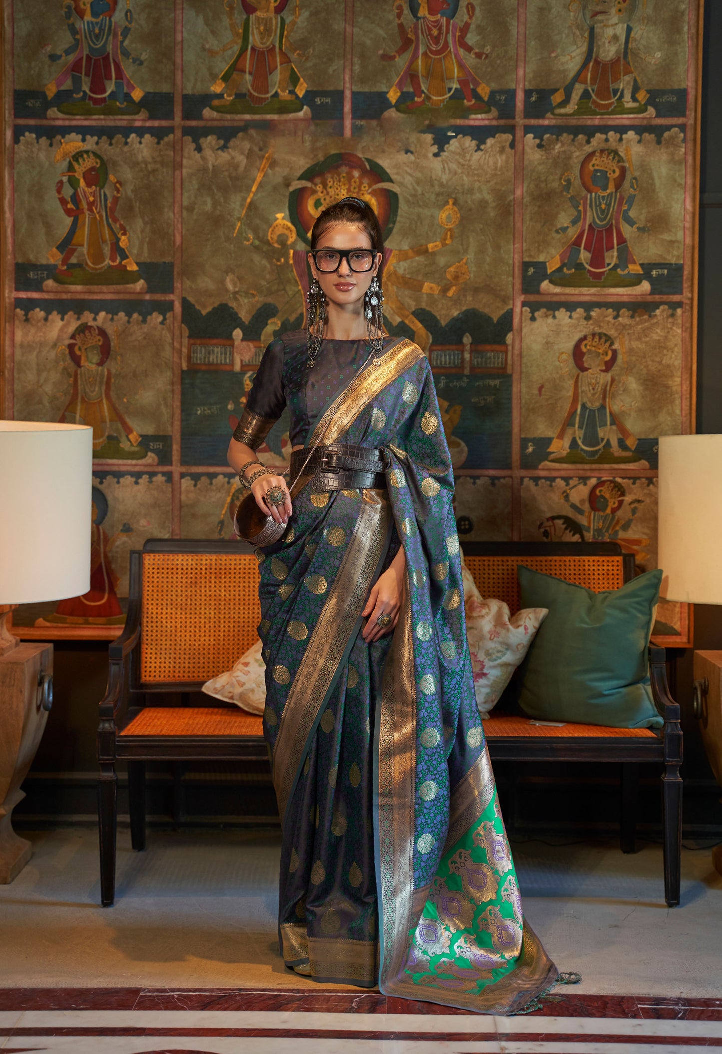 Petrol Blue Kona Pure Satin Tanchoi Handloom Silk Saree