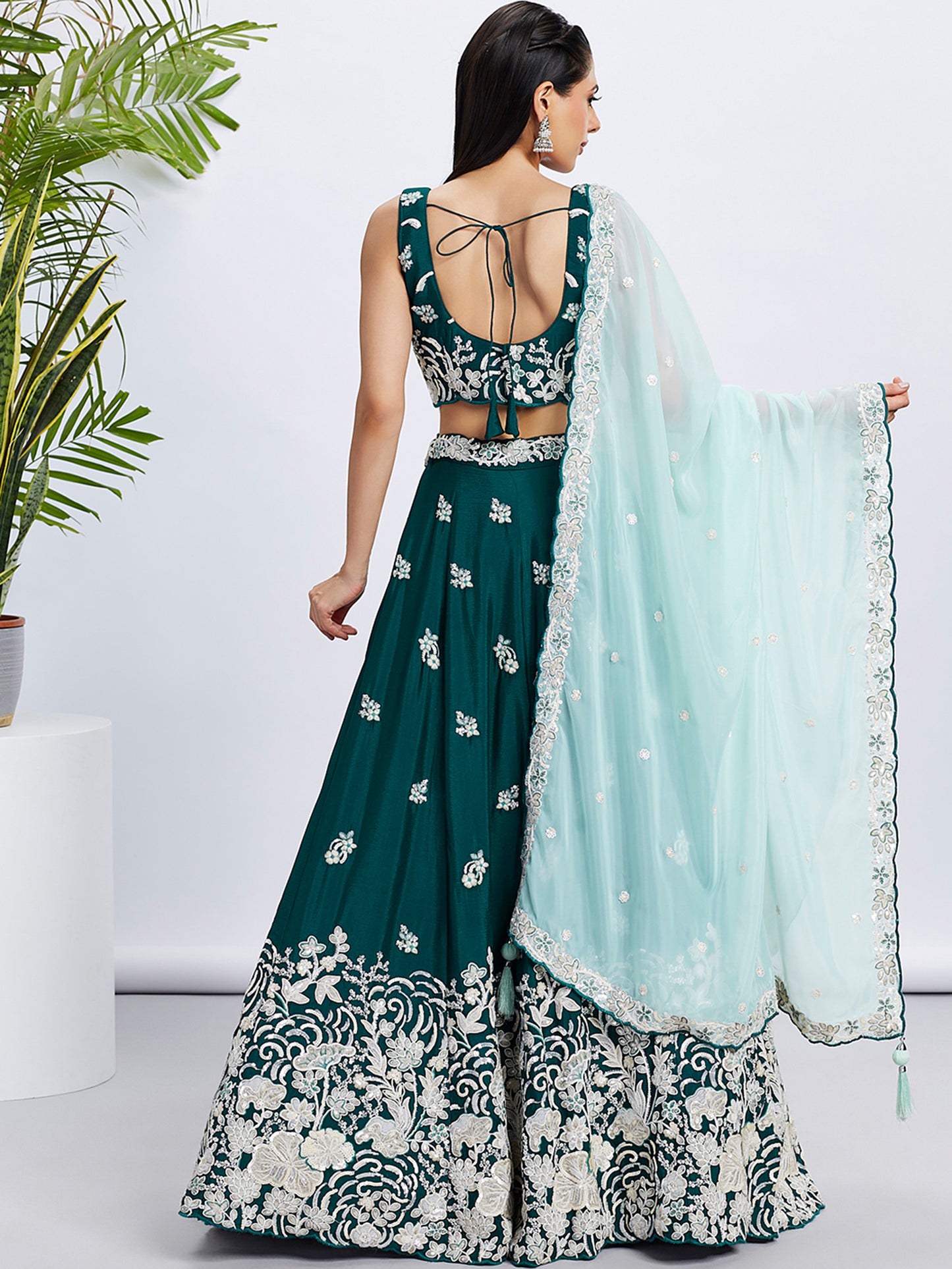 Green Pure Georgette Sequins and thread embroidery Lehenga choli