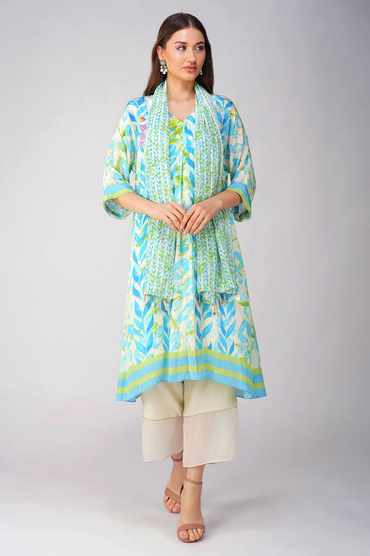 Blue Leaf Printed Spring Kurta Set