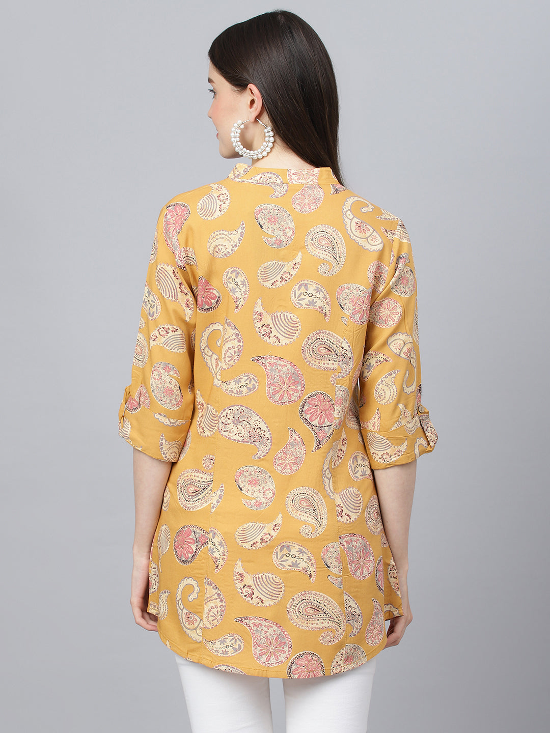 Mastard Yellow Print Mandarin Collar Roll-Up Sleeves Shirt Style Top