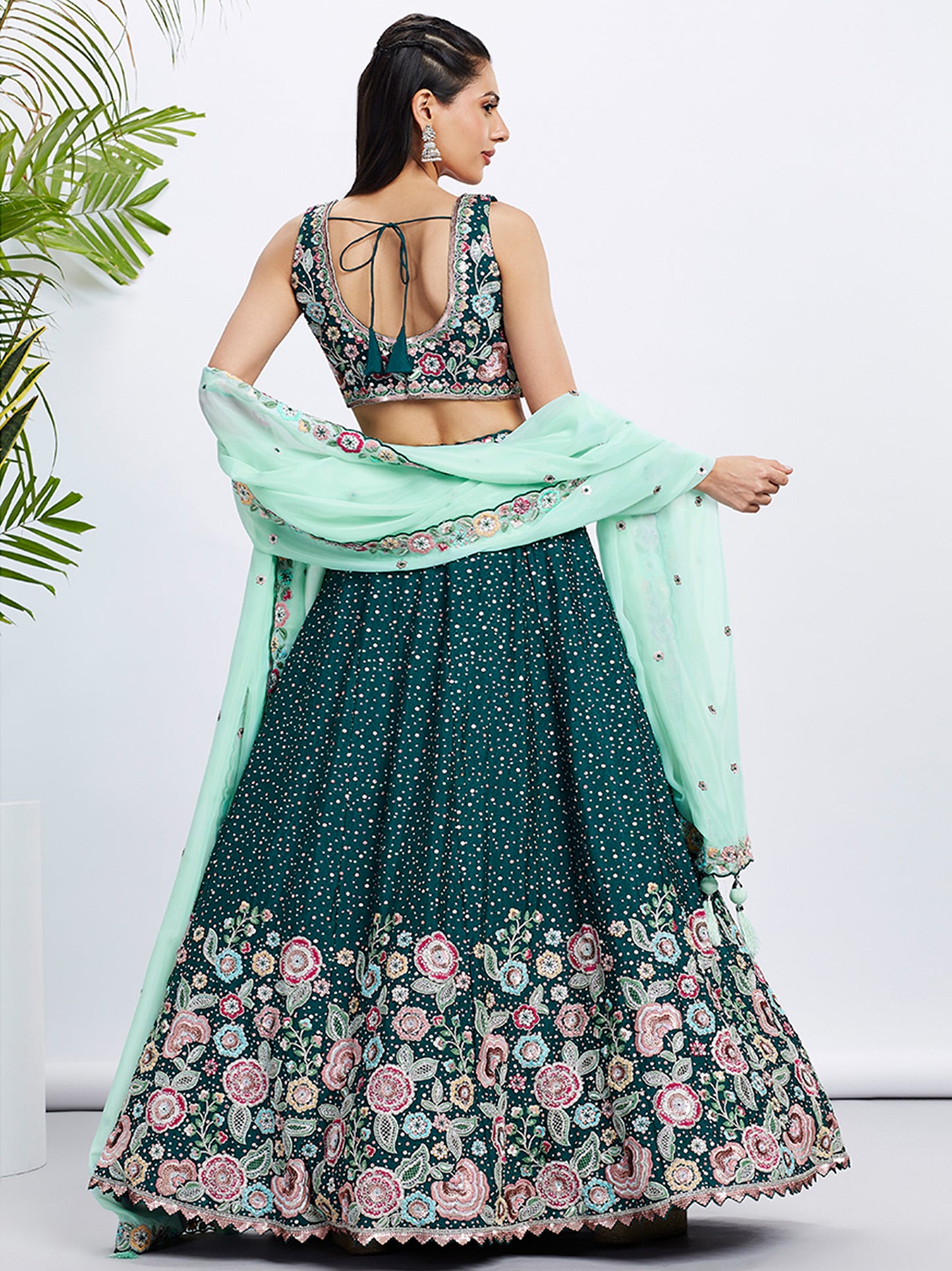 Green Pure Chiffon Sequins and thread embroidery Lehenga choli