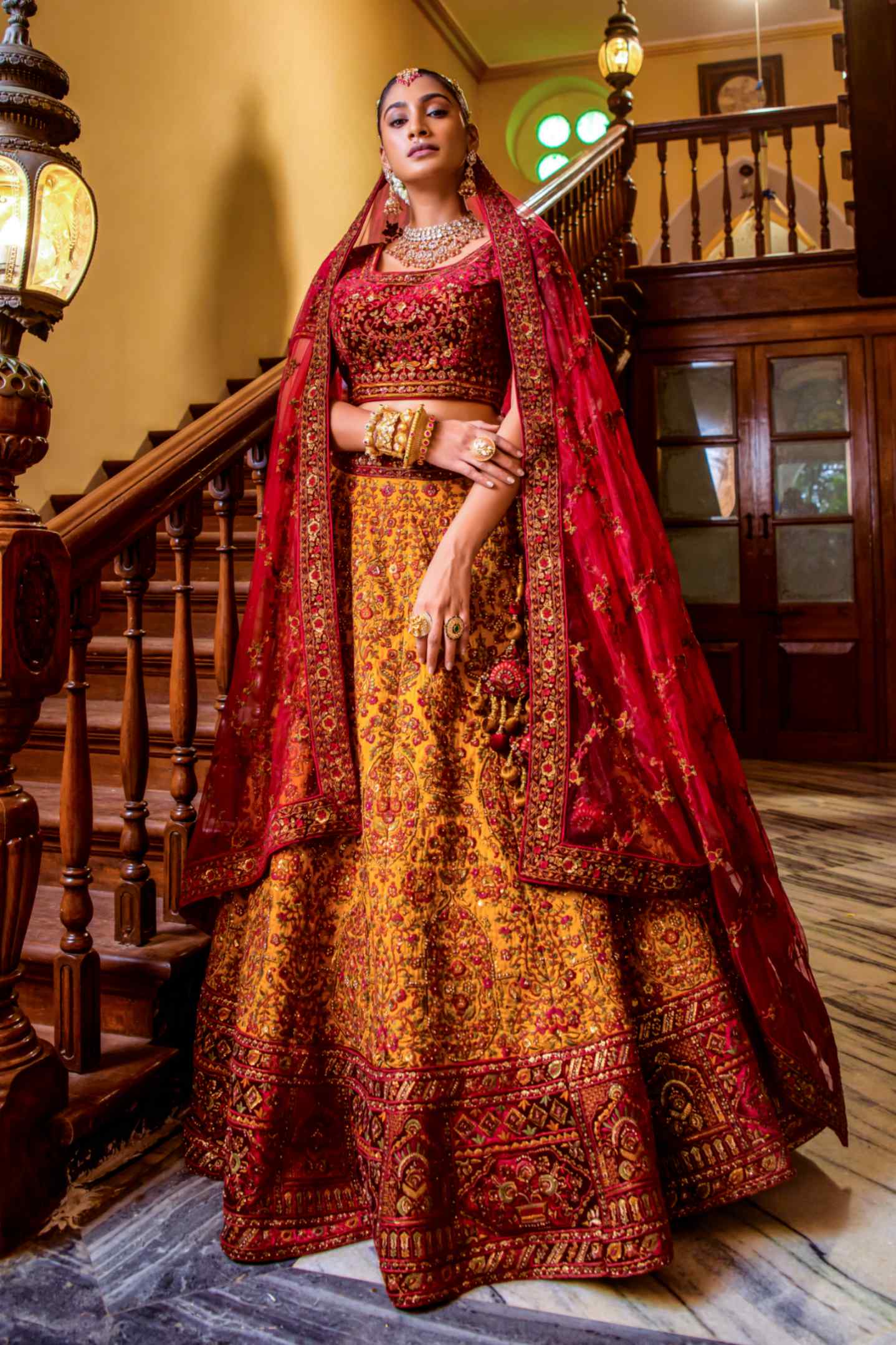 Red, Yellow Velvet Sequins Embroidered Indian Bridal lehenga