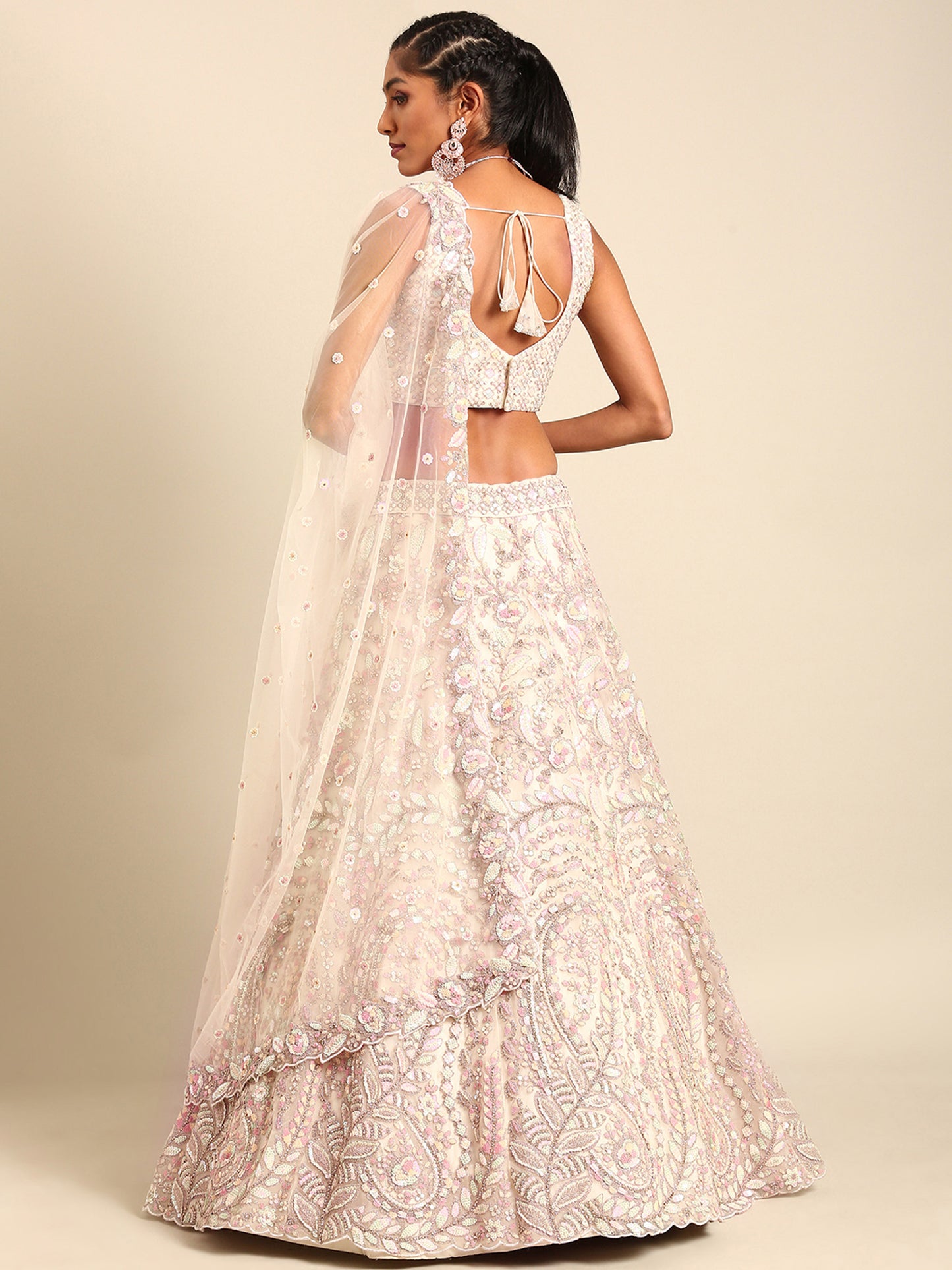 Cream Net Multi Sequins Embroidery Bridesmaid Lehenga